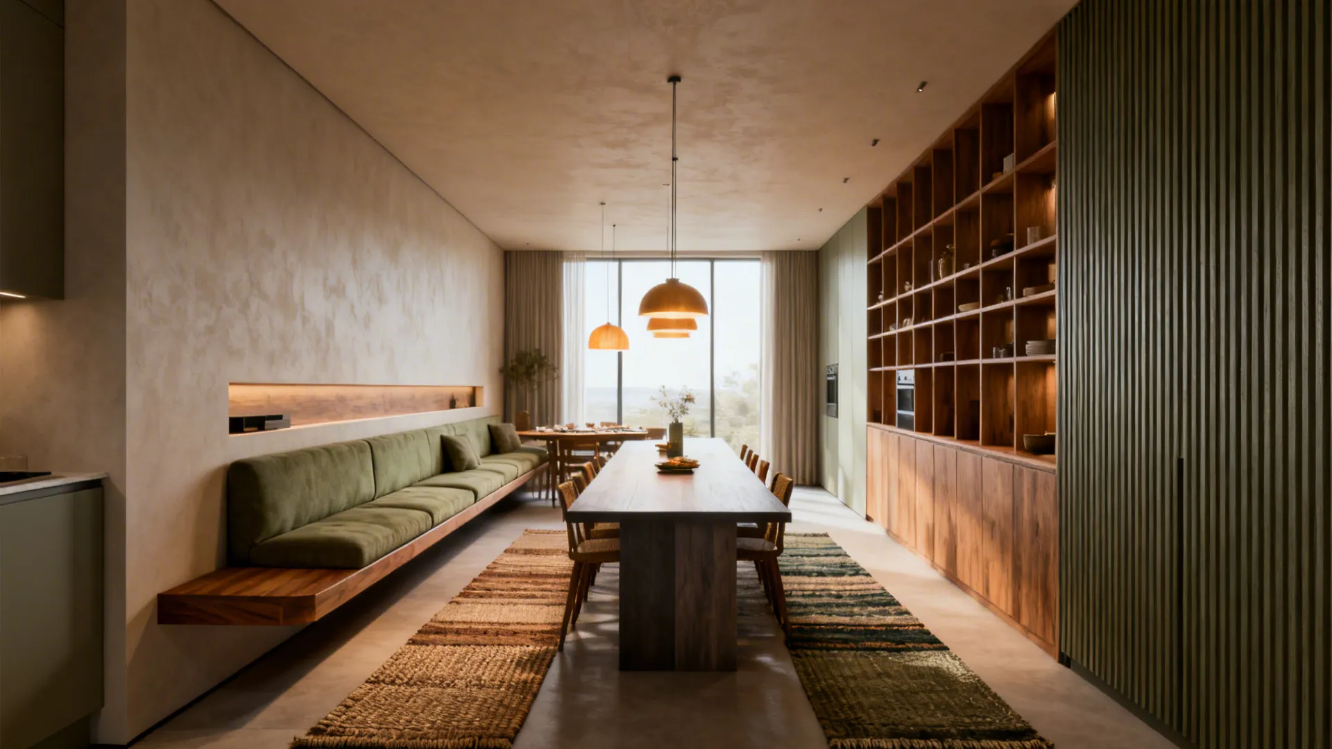 Modern dining room with long wooden table green wall sofa large cabinet and warm ceiling light