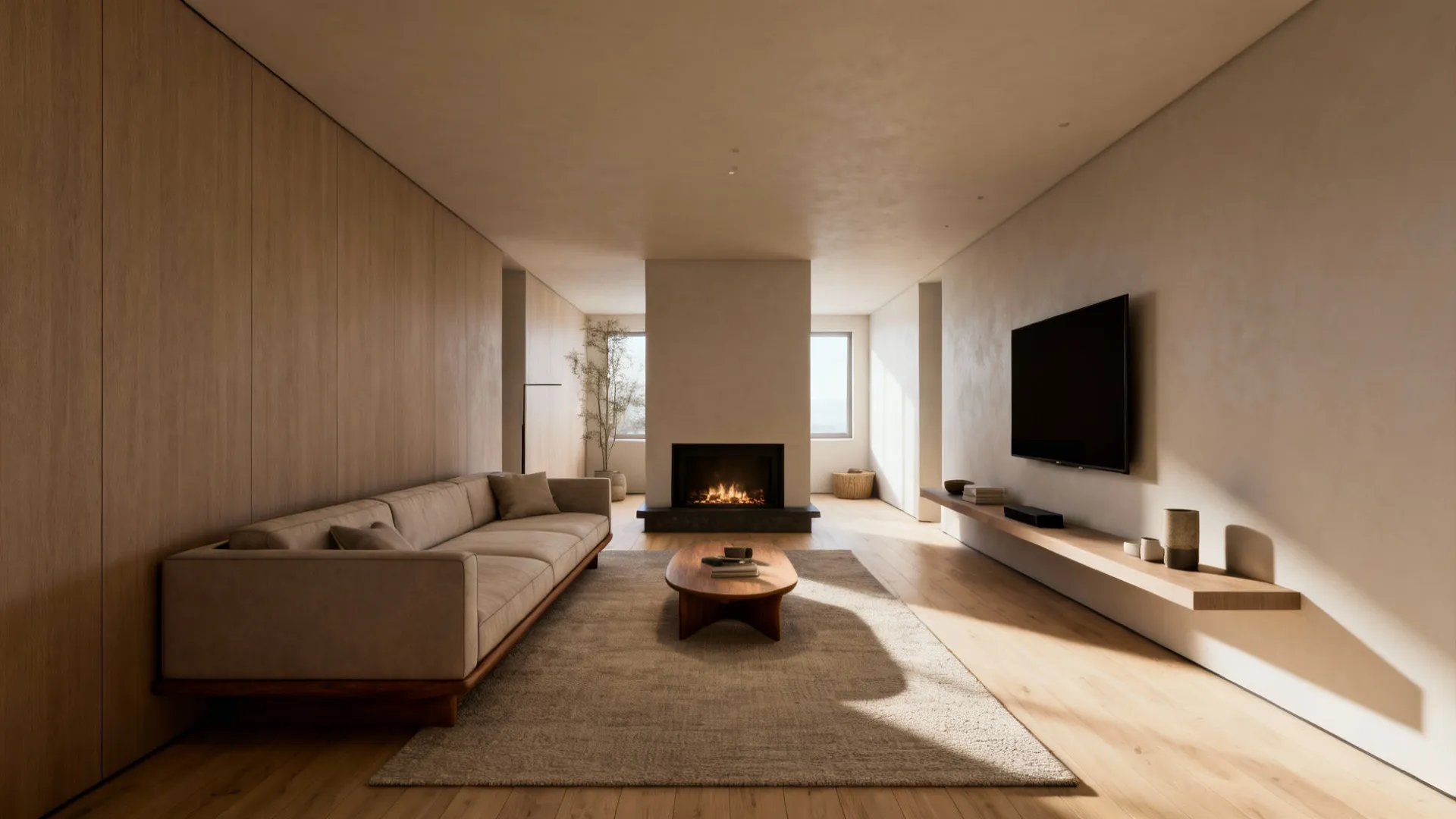 Minimalist living room featuring wood wall beige sofa low coffee table fireplace and wall TV