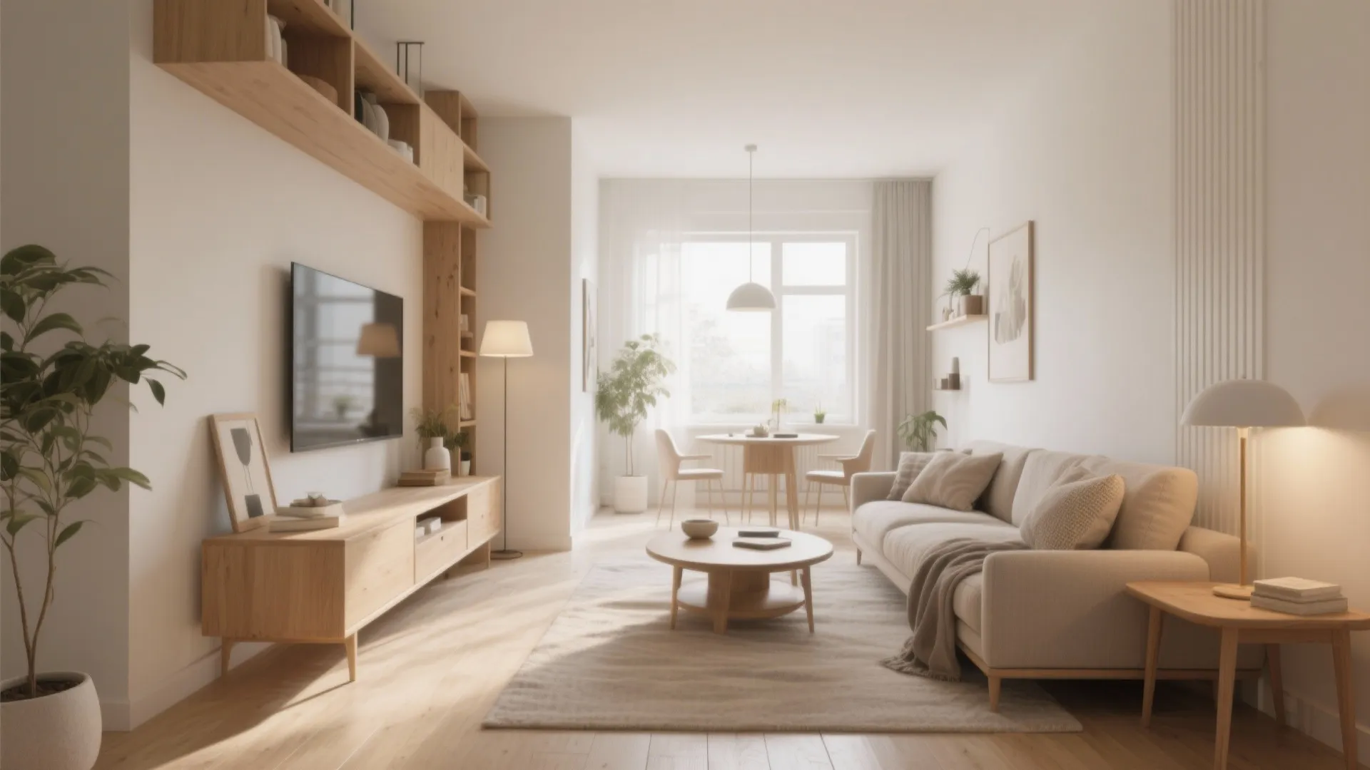 Minimalist living room with wooden cabinet tv beige sofa round coffee table and dining table background