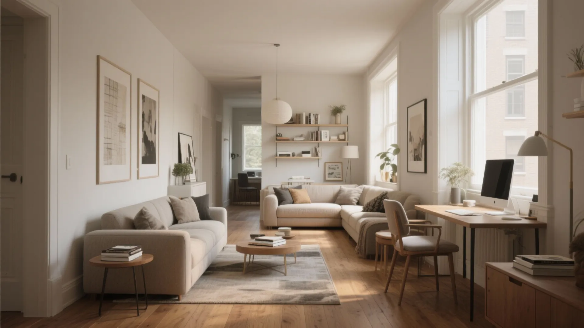 Bright open plan living space with beige sofas wooden desk computer chair and large windows