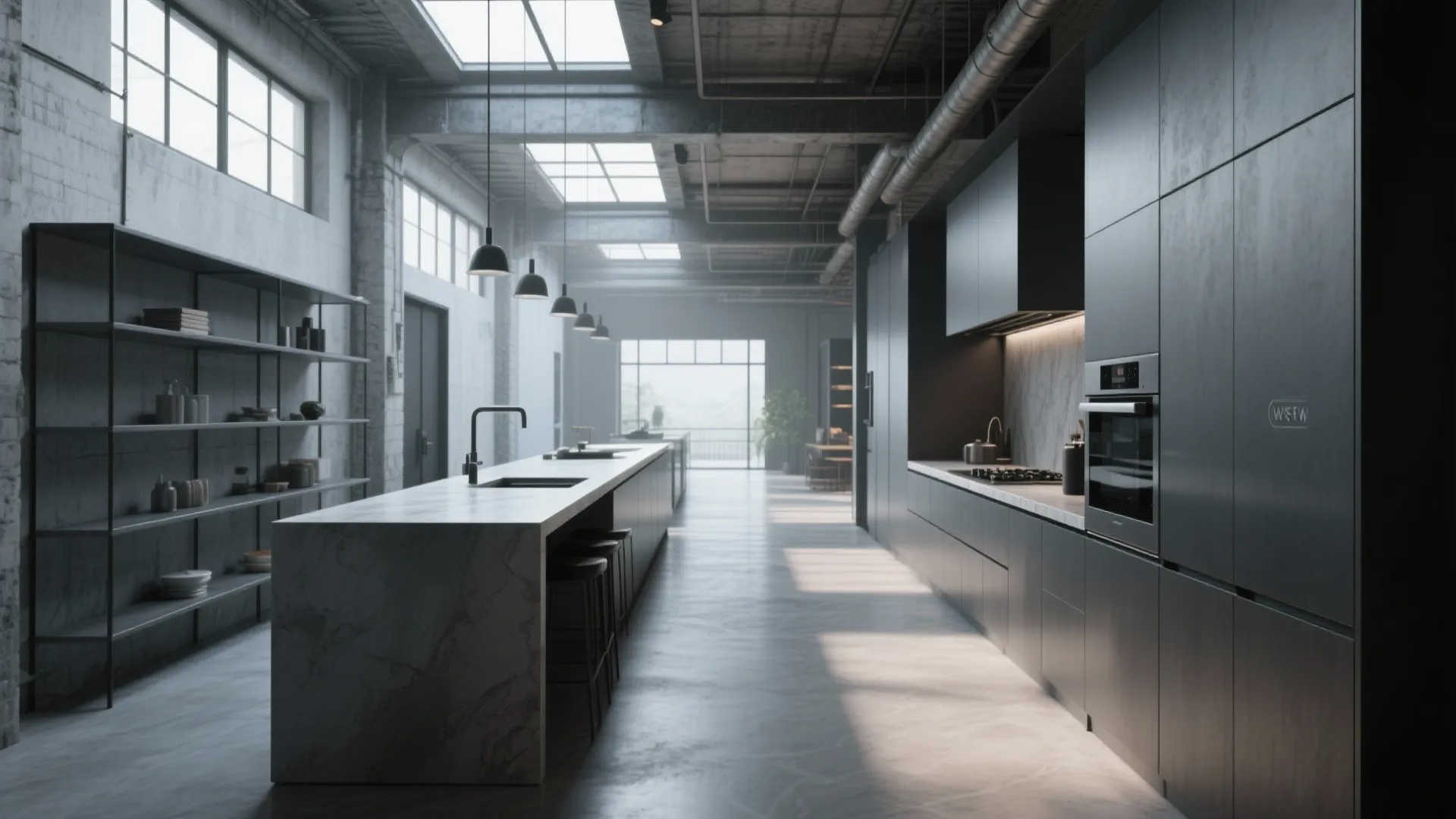 Industrial dark kitchen with long stone island black cabinets ceiling lights and large factory windows