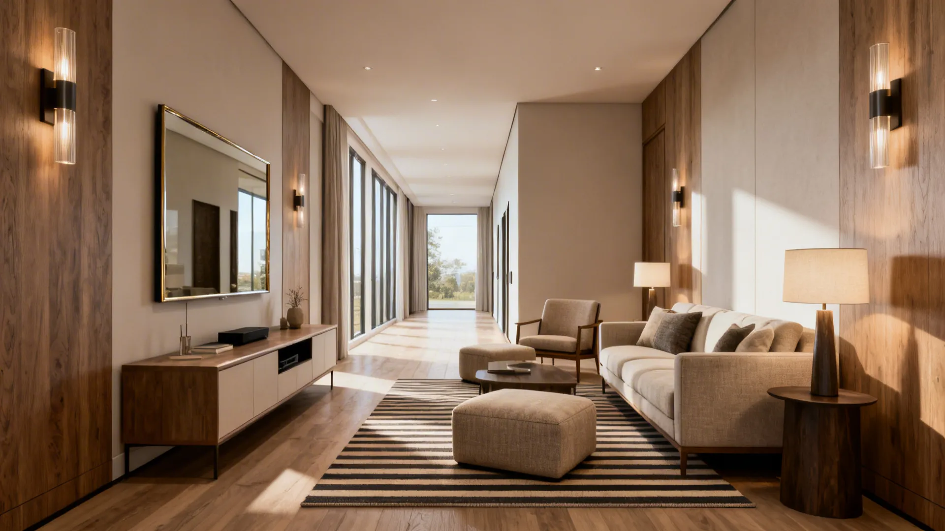 Narrow 10x20 ft living room with seating opposite a low media unit, mirror and layered lighting to widen space