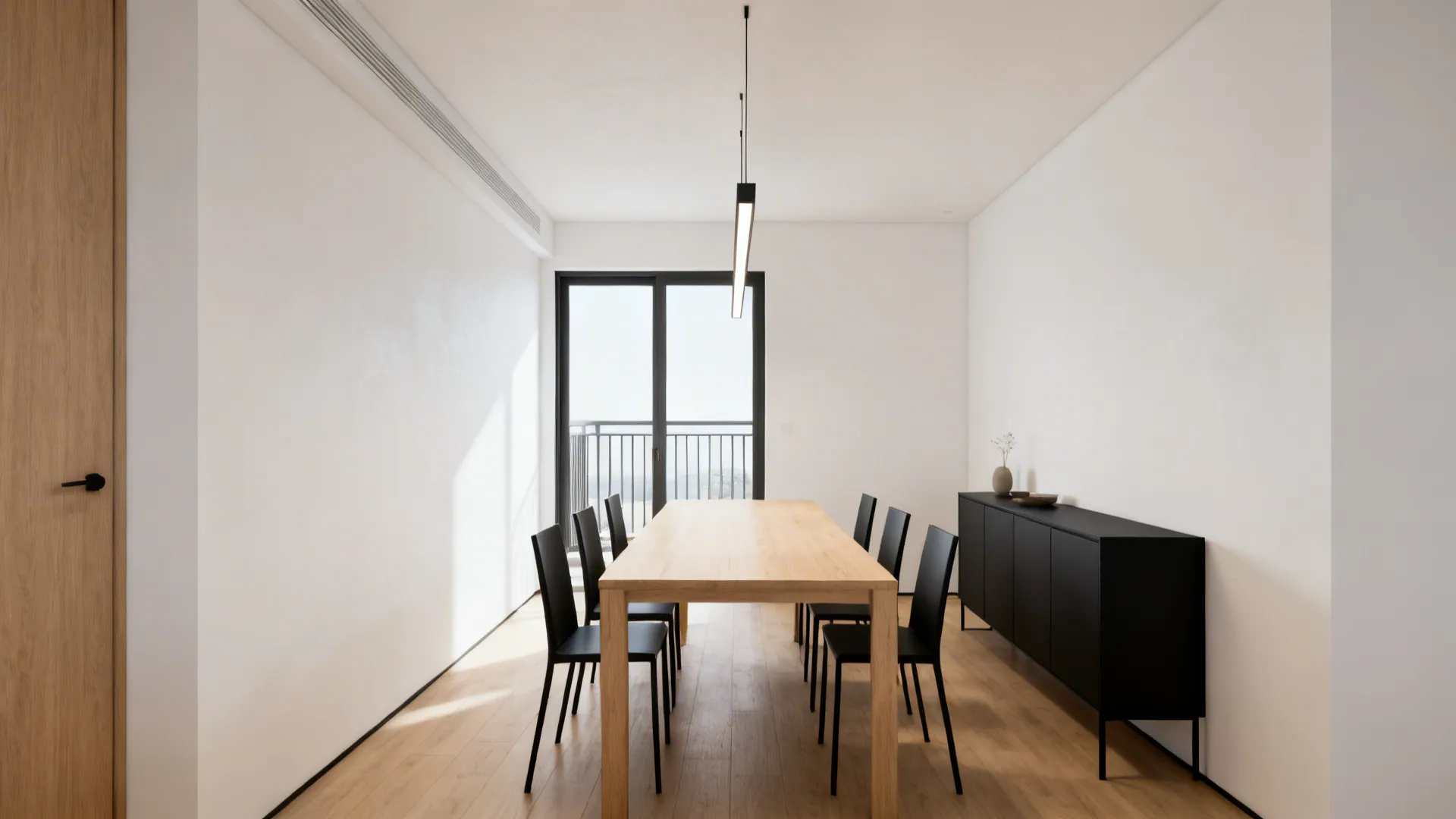Minimalist dining room featuring long wooden table black chairs black cabinet and linear ceiling light