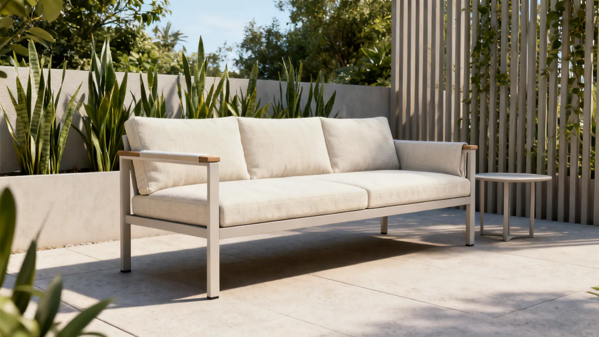 Modern cream outdoor sofa on stone patio with side table green plants and bright sunlight