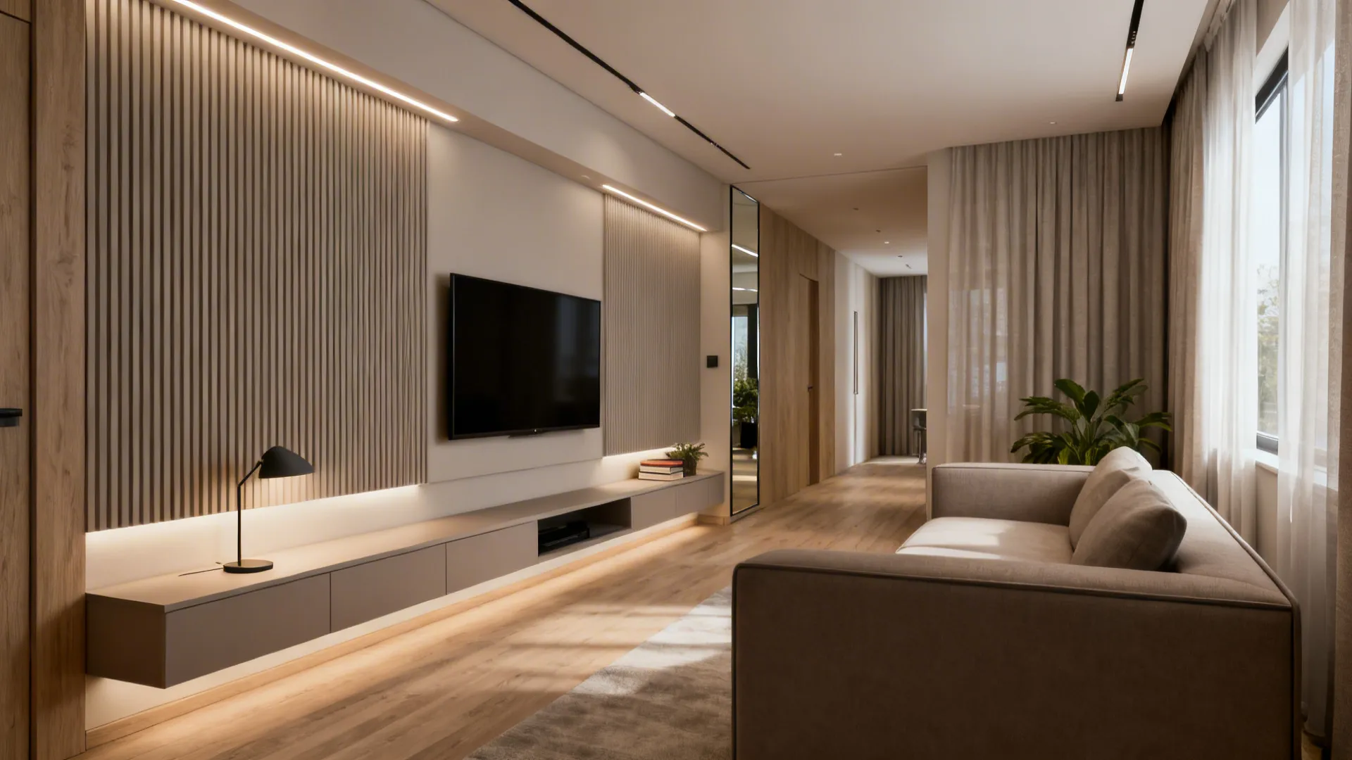 Modern living room with wall mounted television wooden floor grey sofa and soft warm indoor light