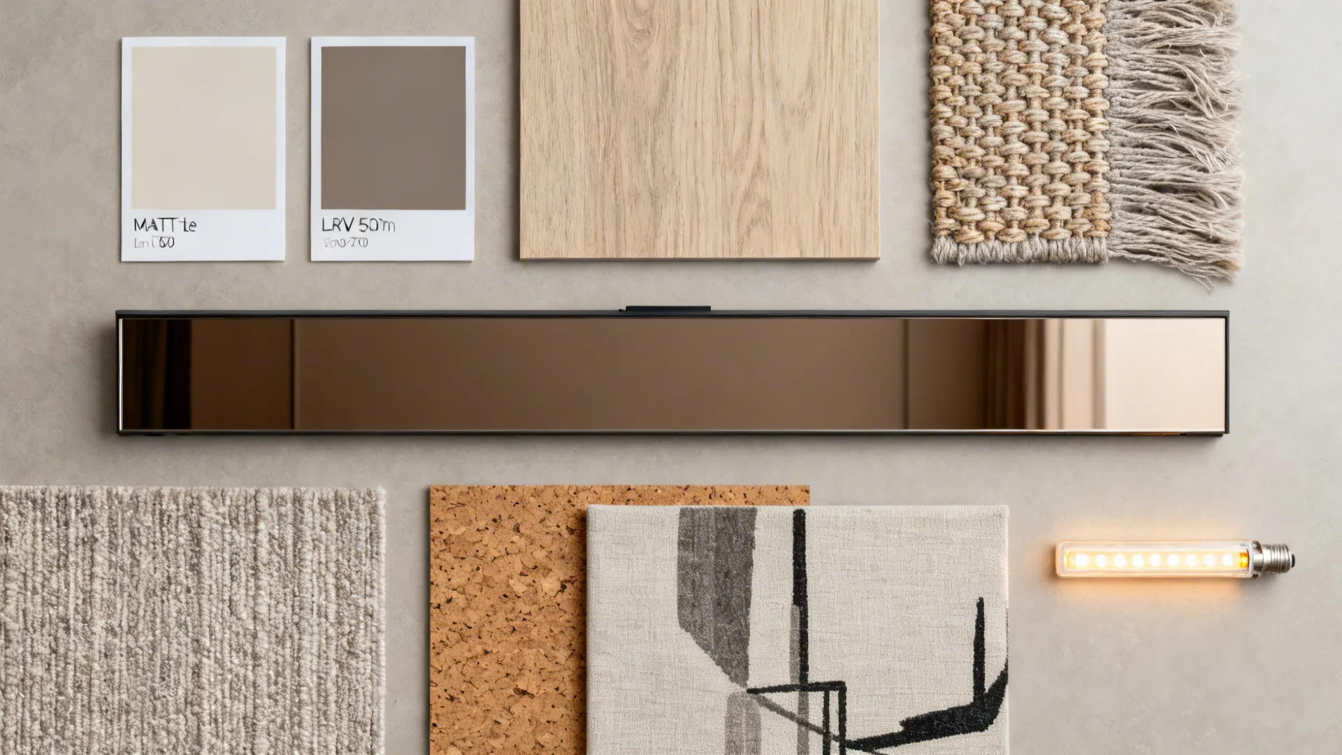 Interior design material board with paint swatches wood samples fabric pieces and a small light bulb