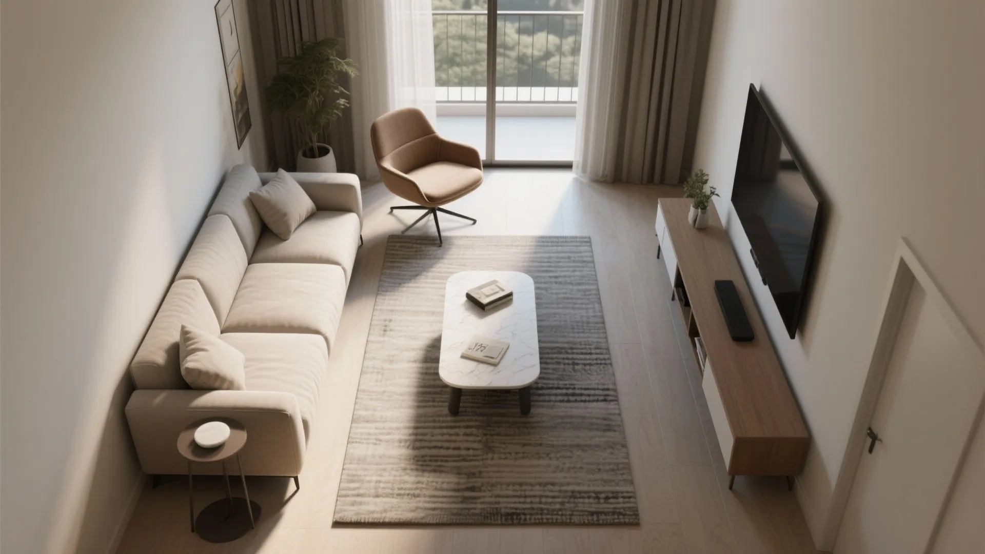 2) Streamlined seating: slim sofa + accent chair dance