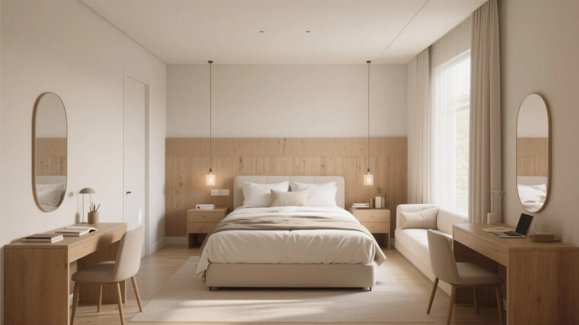 Minimalist bedroom with wood wall panel desk chairs mirrors and soft natural light from window