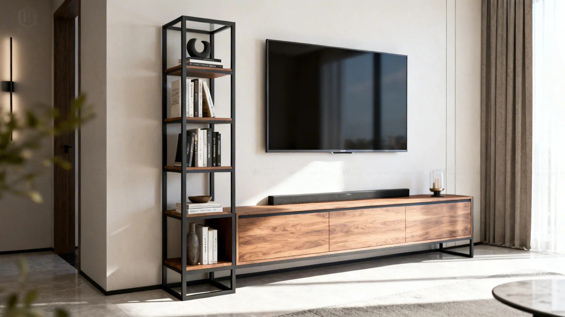 Narrow media console with vertical storage shelves and slim TV in a small living room.