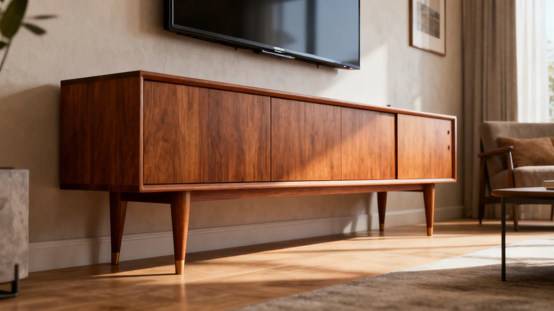 Narrow mid-century credenza with tapered legs under a mounted TV in a cozy living room
