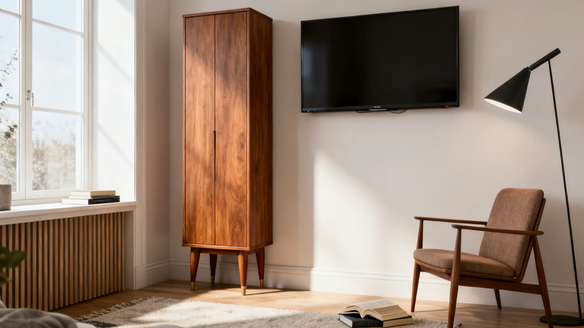Small studio with a narrow mid-century cabinet and a cozy reading nook.