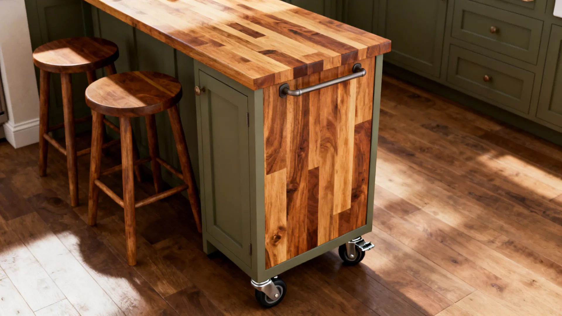 Narrow wheeled kitchen island with butcher block top and stools in a small L-shaped kitchen.