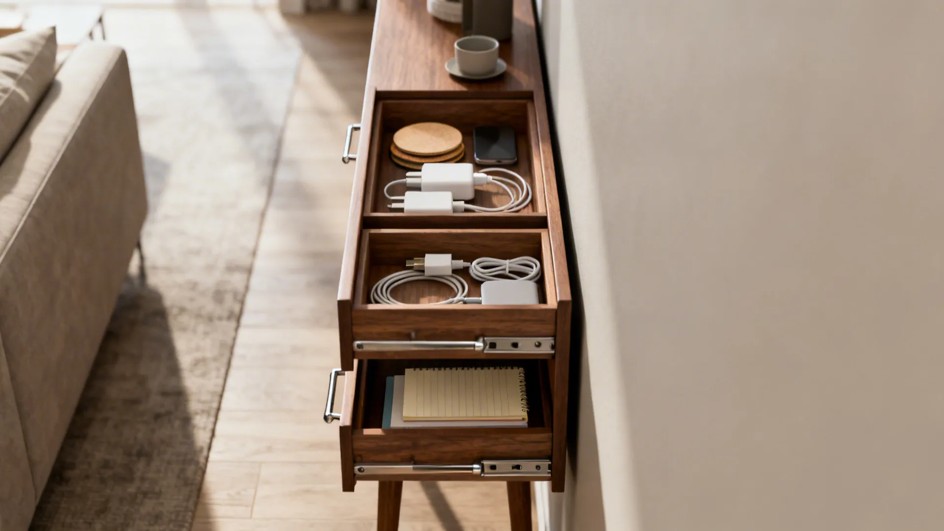 Slim multi-drawer side table in a narrow passage with organized small items in shallow drawers.