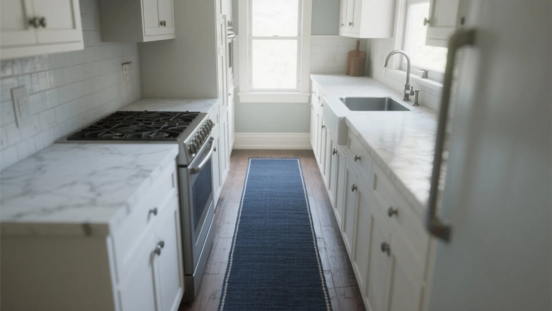 1. Narrow navy runner for galley kitchens