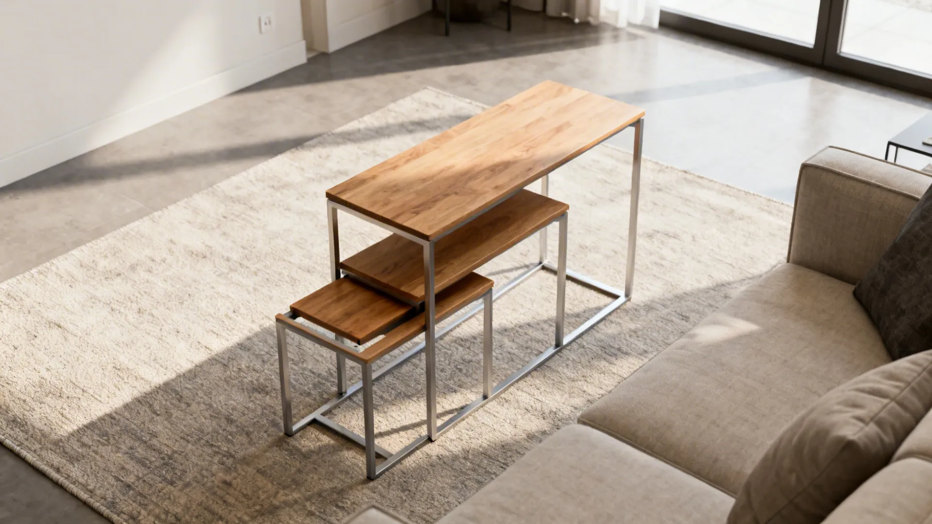 Top-down view of narrow nesting tables with one table pulled out, showing clearances and flexible arrangement in a small living area.