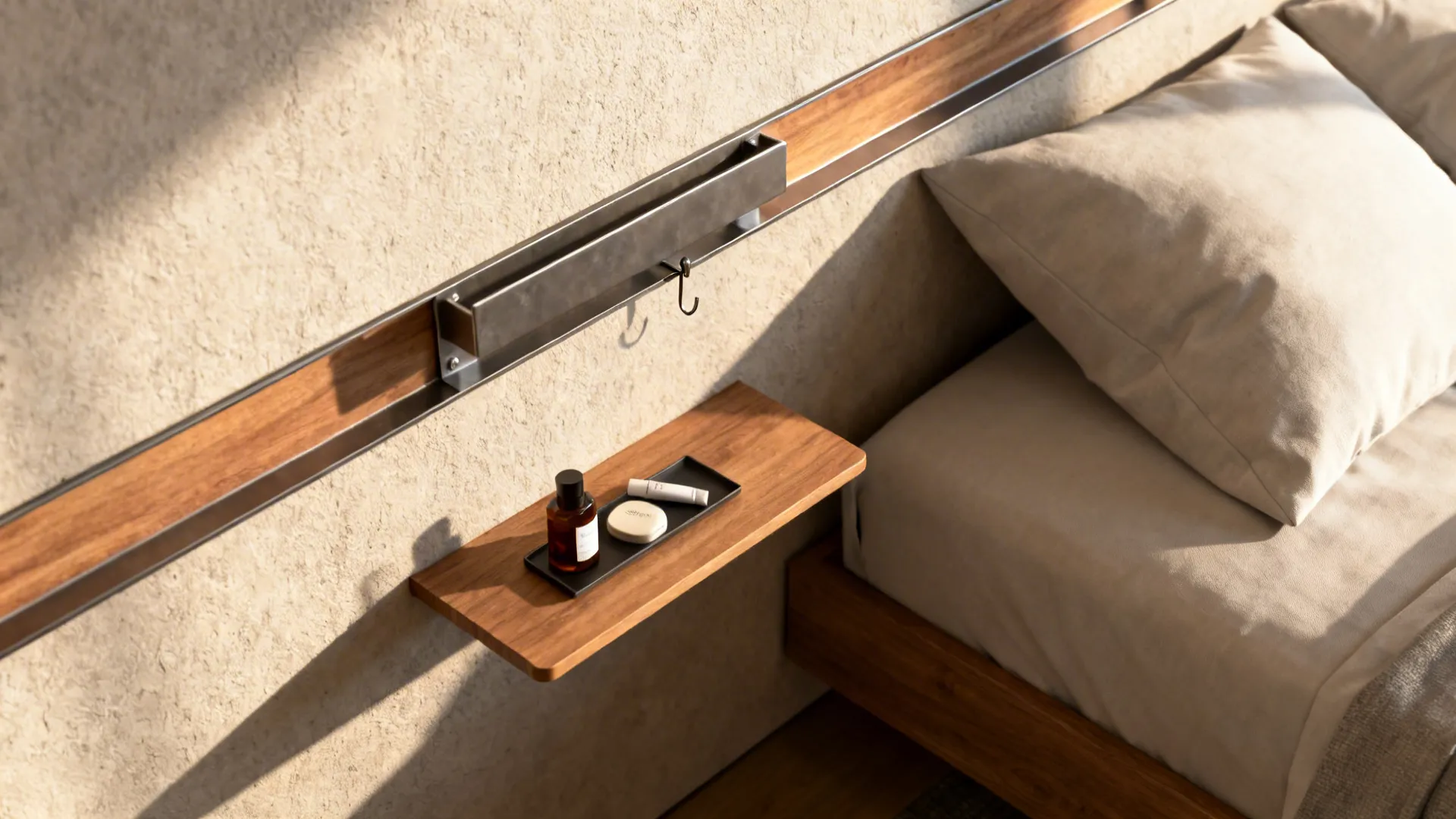 Slim floating bedside ledge and cantilevered night table with minimal essentials
