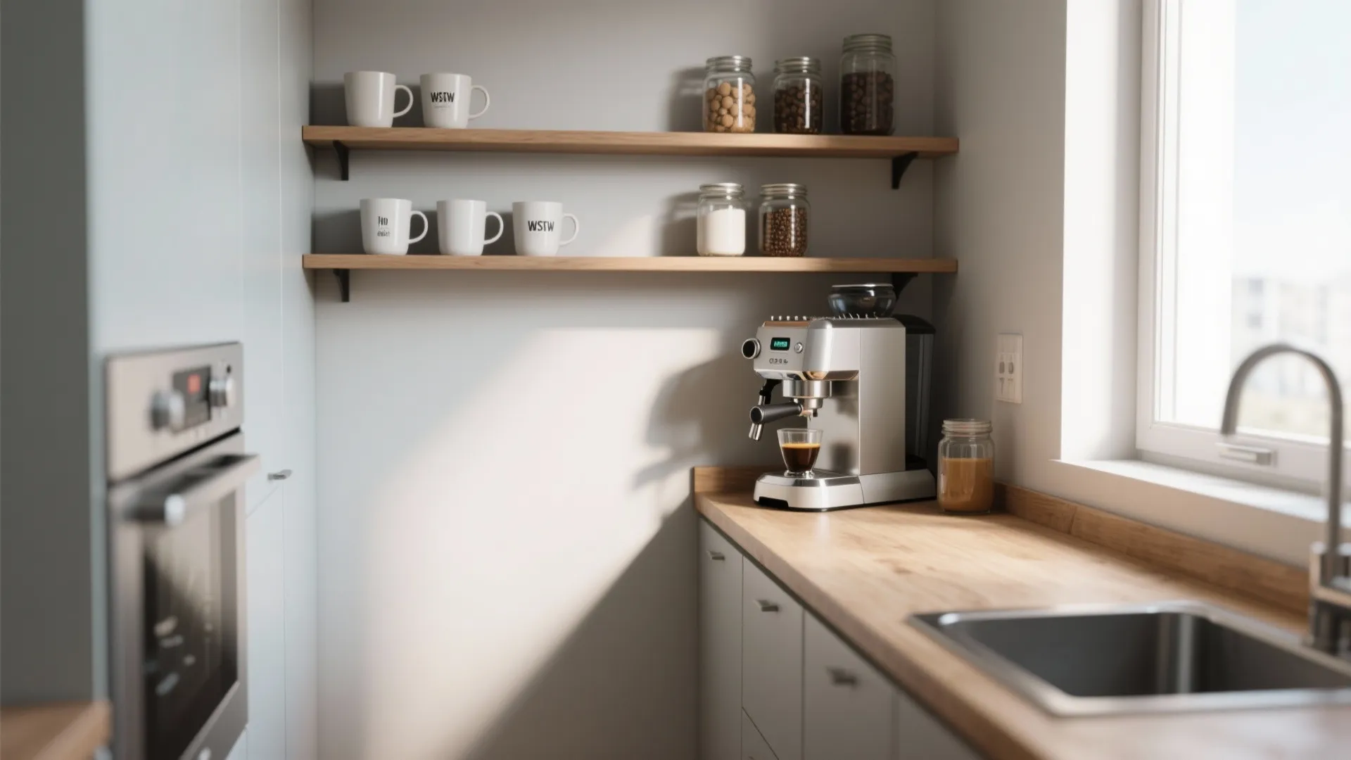 Narrow kitchen corner coffee bar with silver machine wooden shelves jars and a window view