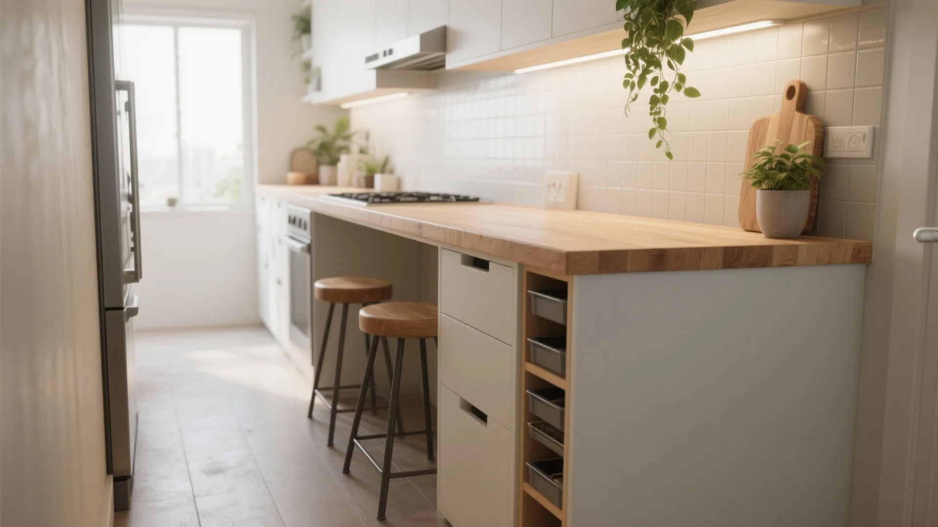 Narrow fixed island with open base and stools in a galley kitchen keeping sightlines open.