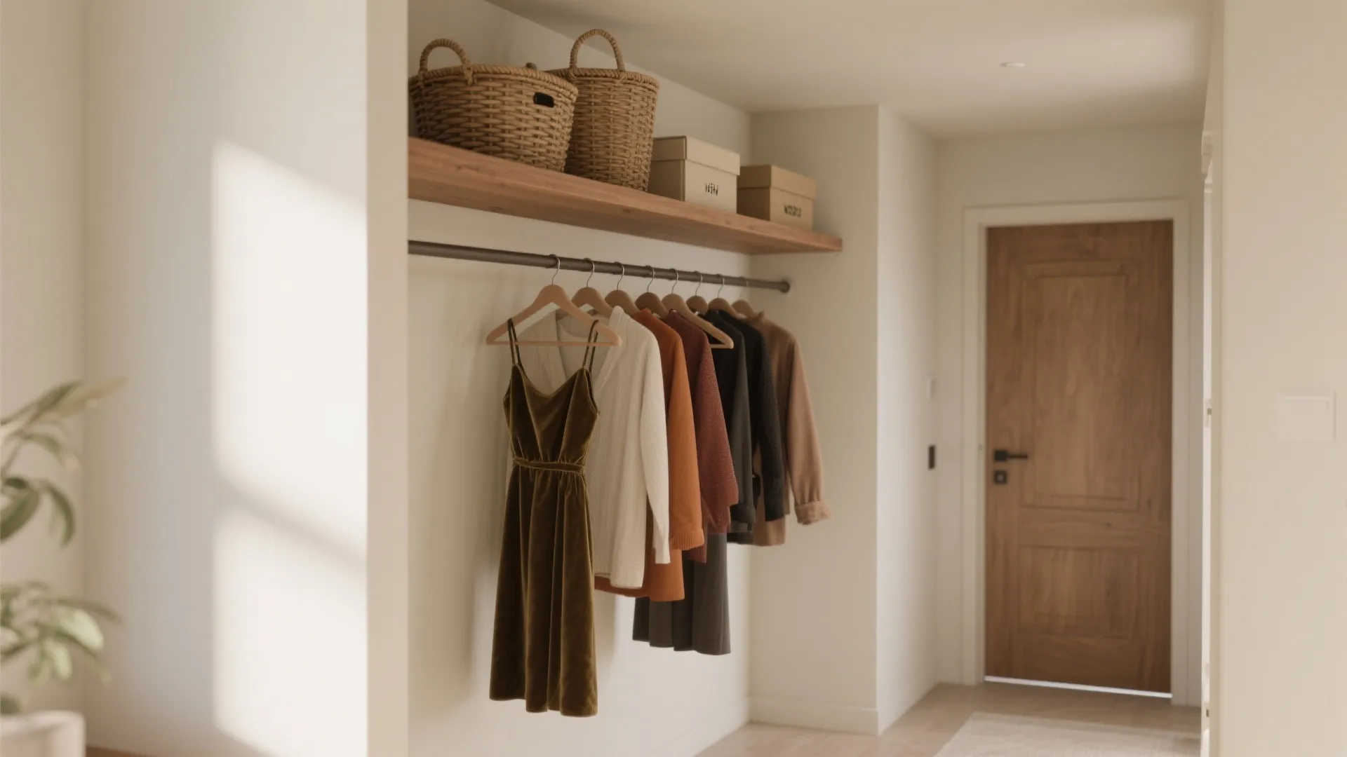 Open wall closet with wooden shelf, woven baskets, hanging clothes rail, and a wooden door background