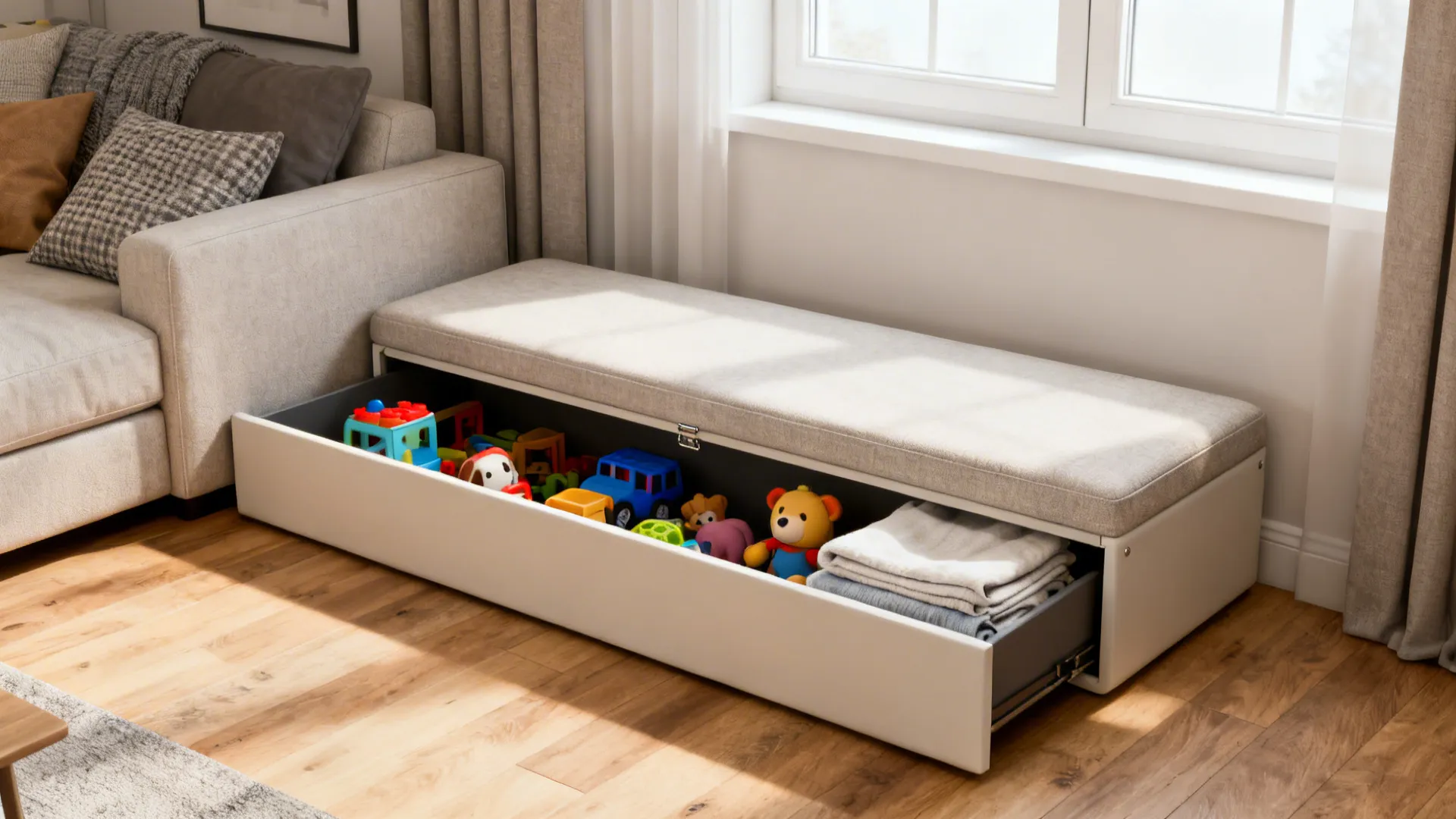 Slim rectangular storage ottoman placed against a sofa in a narrow living room