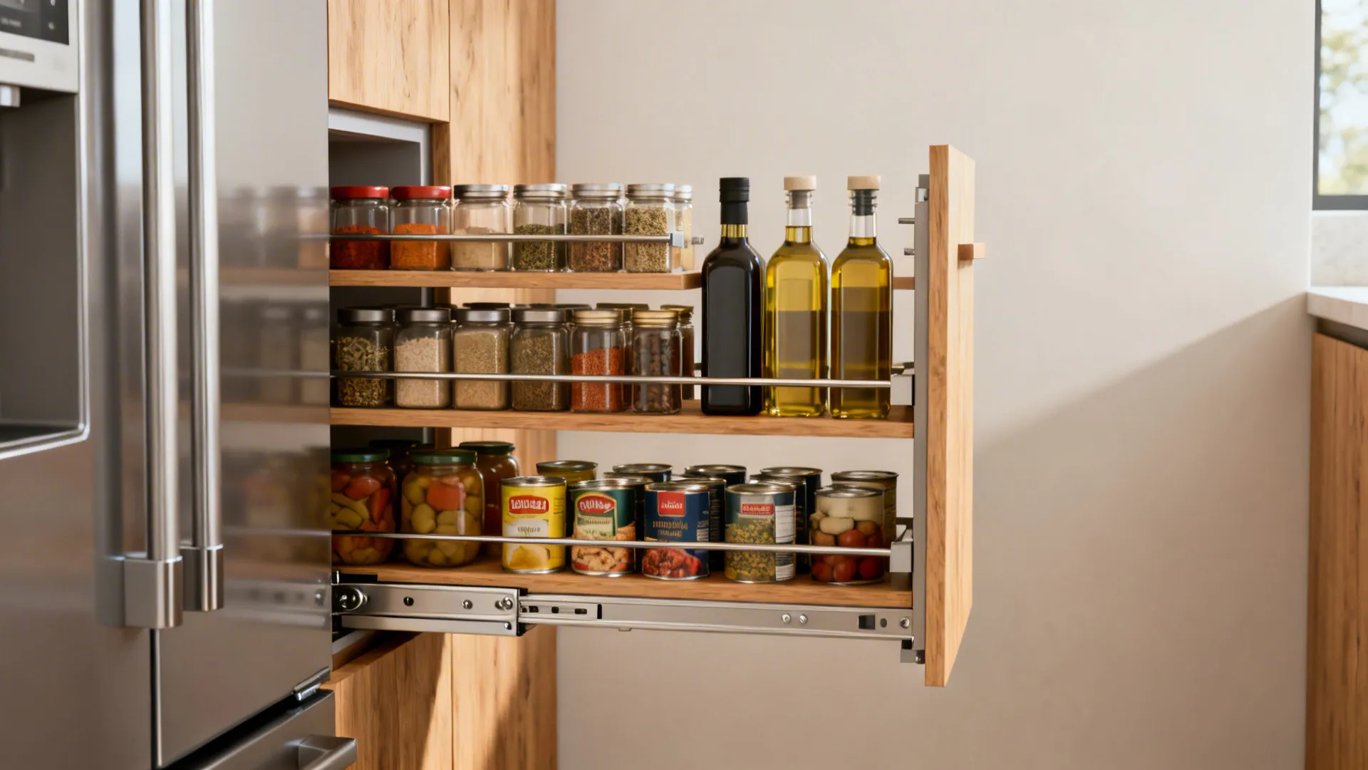 Slim pull-out pantry extended showing organized spices and cans