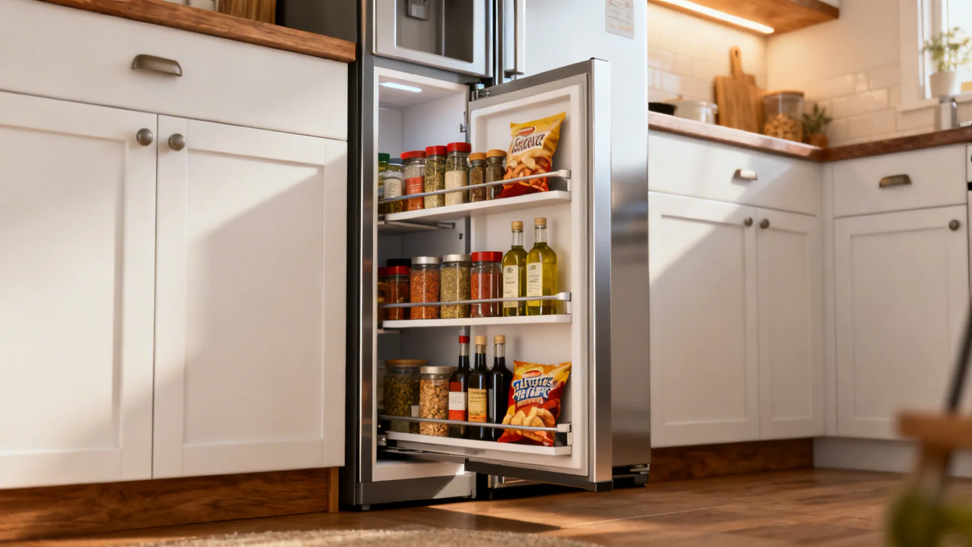 12–18 inch pull-out pantry beside fridge showing spices and oils neatly organized.