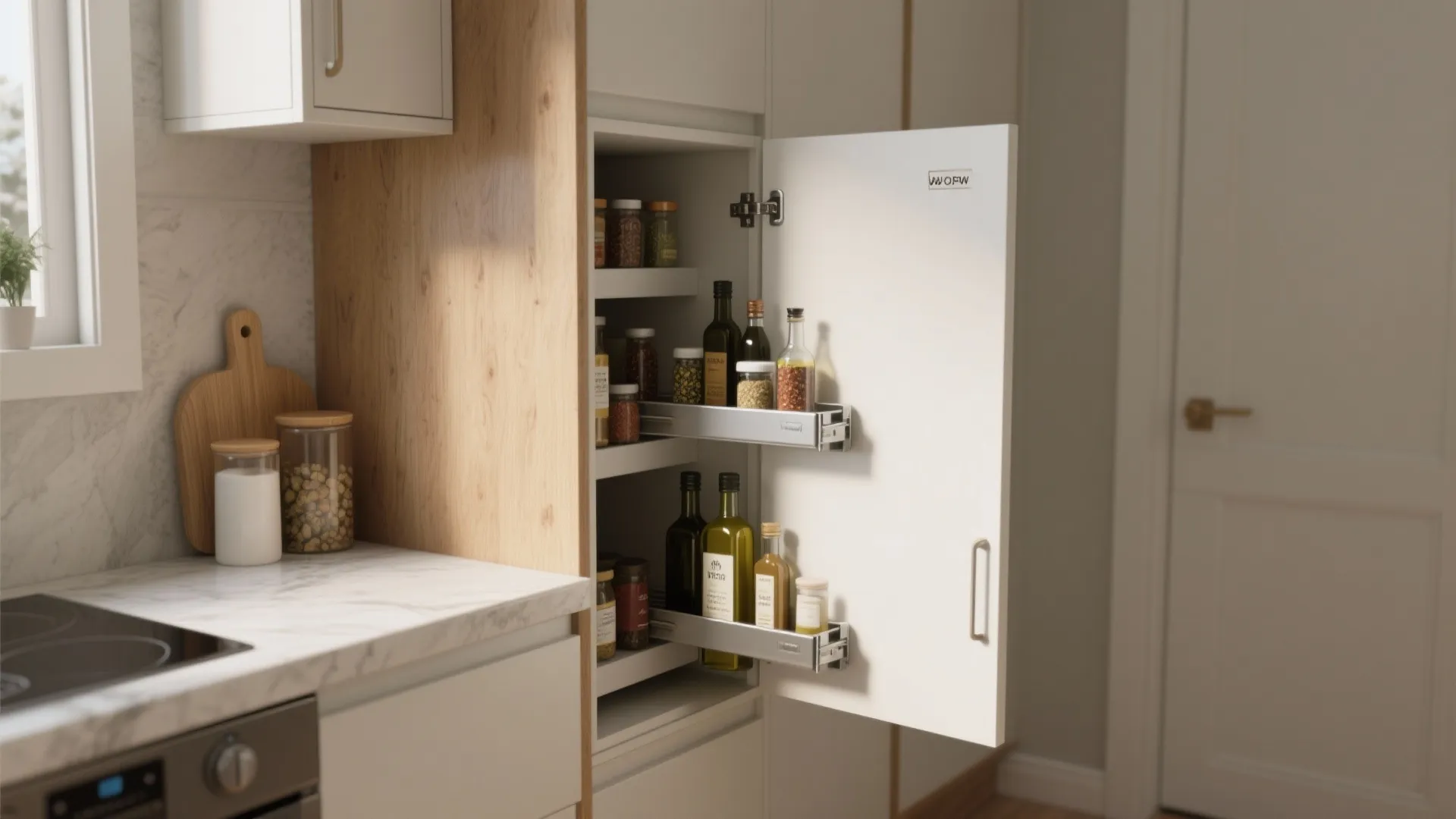 Modern kitchen with white cabinet door open showing organized pull out shelves for spice jars