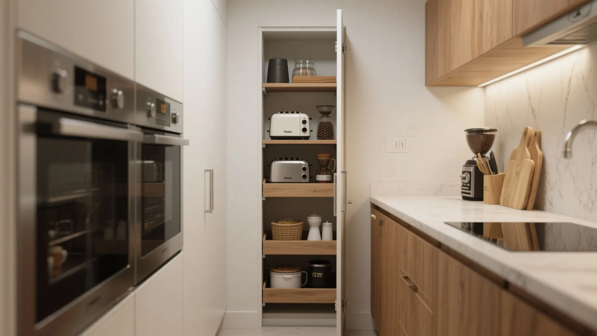 Narrow pantry and appliance garage with a toaster and coffee gear stored neatly on pull-out shelves in oak cabinetry.