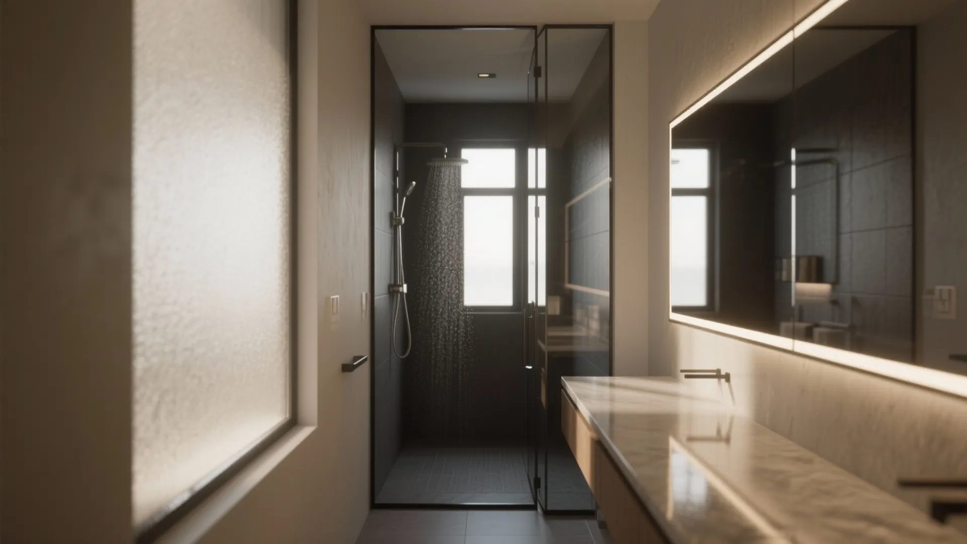 5. Narrow passage shower with frosted window and bench