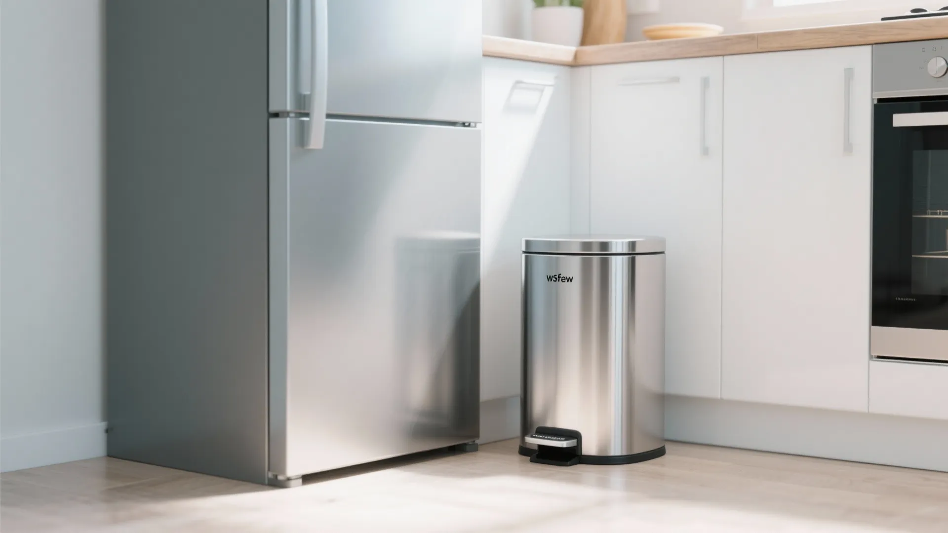 Slim stainless steel pedal bin beside fridge in modern kitchen