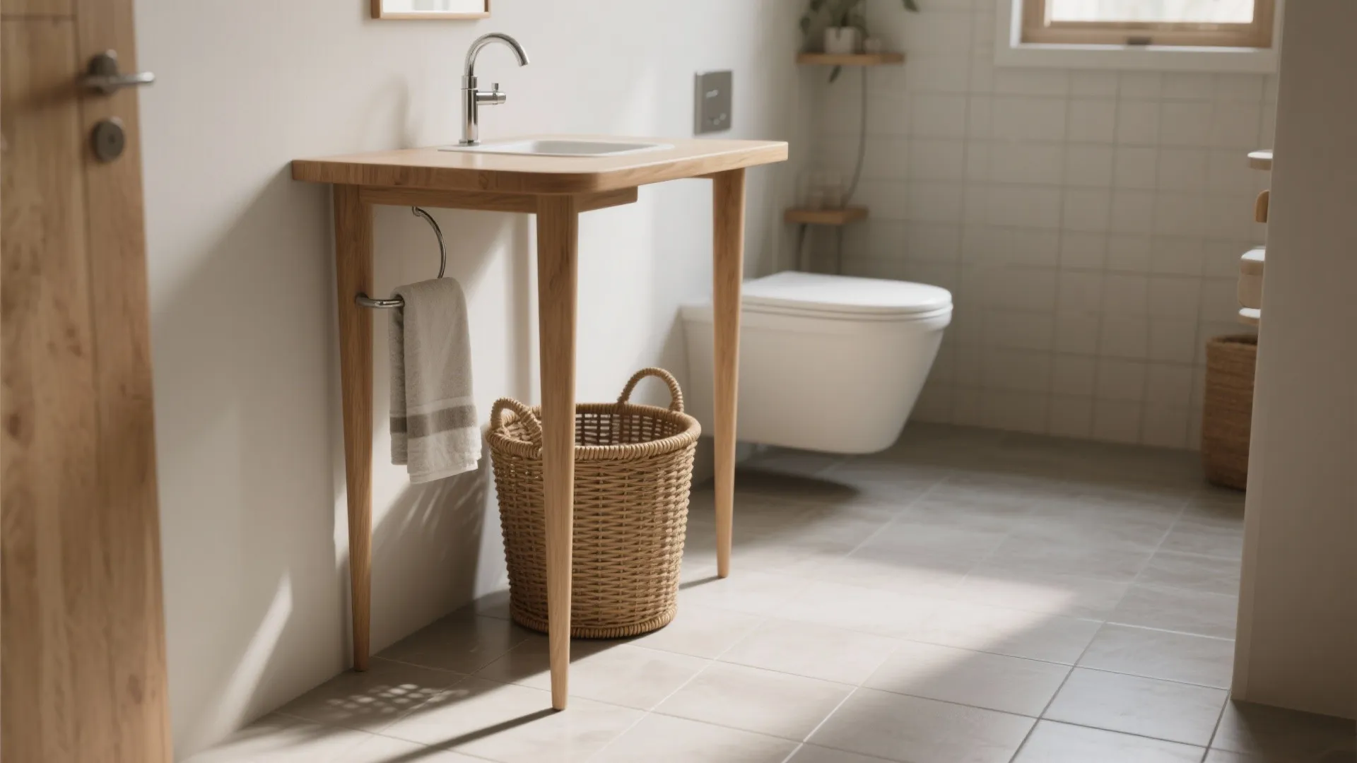 Narrow oak pedestal table with vertical woven basket and slim towel ring in a compact bathroom.