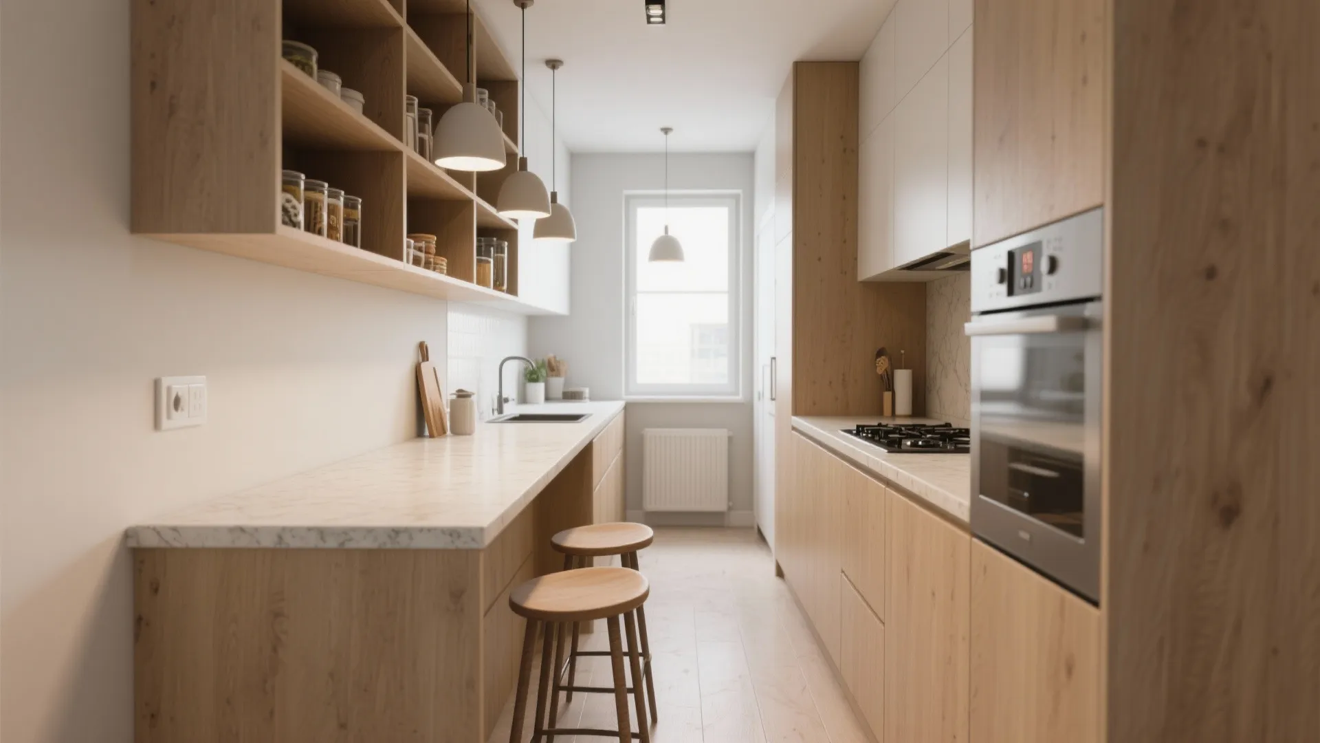 Modern galley kitchen with light wood cabinets marble countertop white ceiling lights and two wooden stools