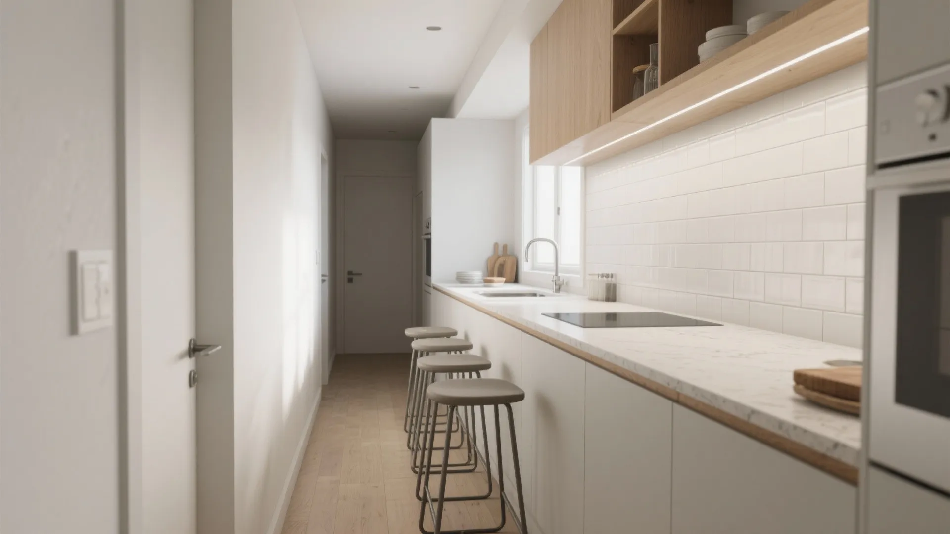 Narrow white kitchen with marble counter four grey stools light wood cabinets and white wall tiles