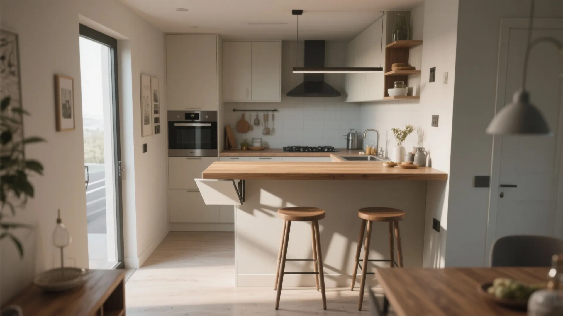 Modern white kitchen with wooden breakfast bar stools and black range hood in minimalist style