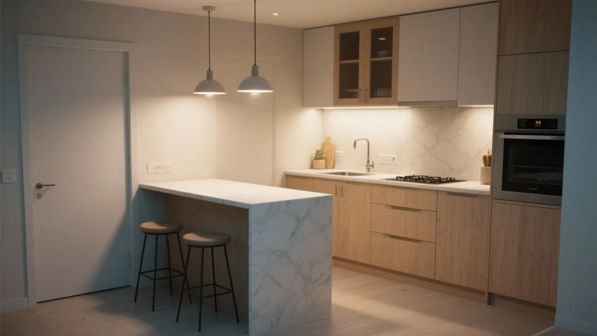 Modern kitchen with marble island stools wood cabinets ceiling lights and built in oven interior design