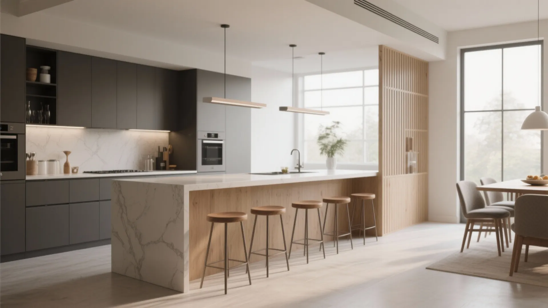 Narrow kitchen peninsula used as a casual dining ledge and room divider with bar stools.