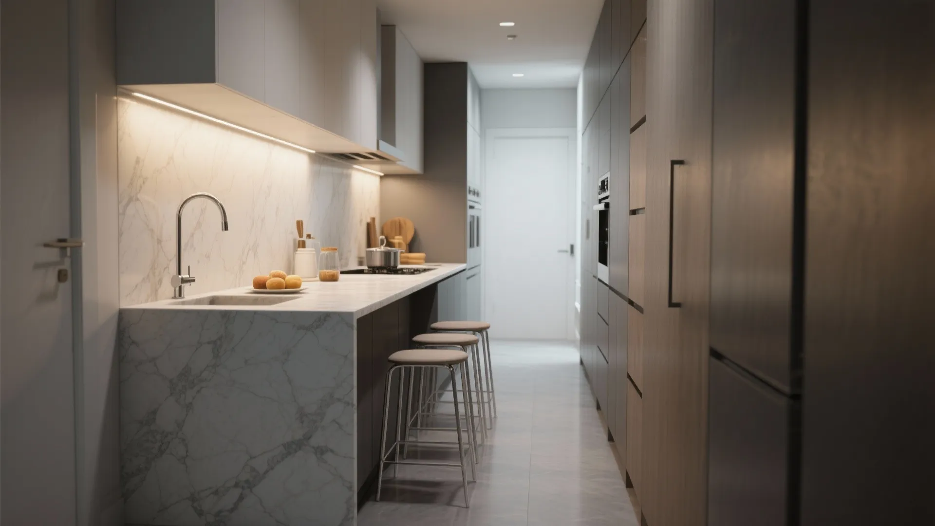 Galley kitchen with a 28-inch narrow peninsula used as prep and breakfast bar with slim stools
