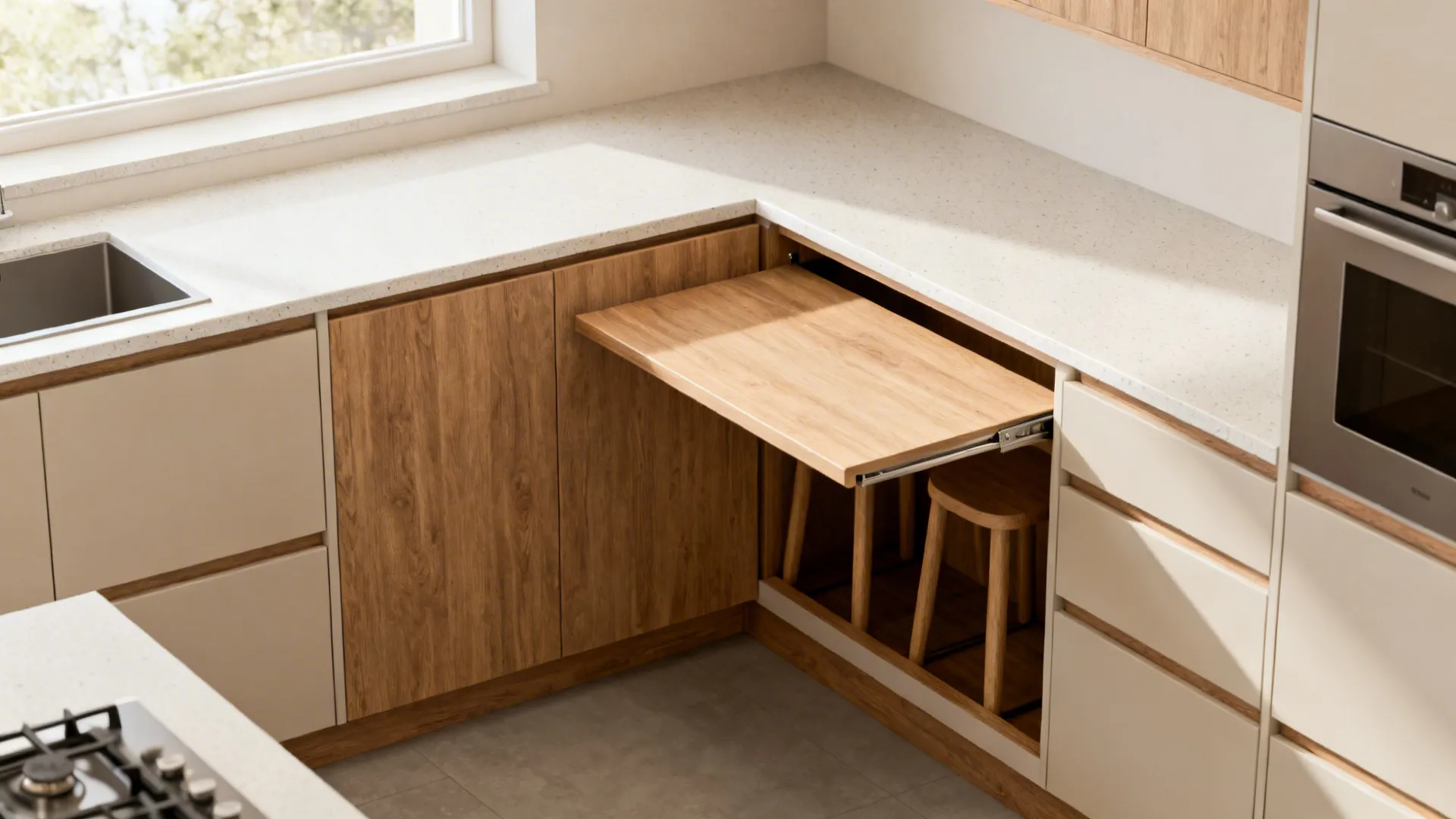 2. Narrow peninsula that tucks into cabinetry
