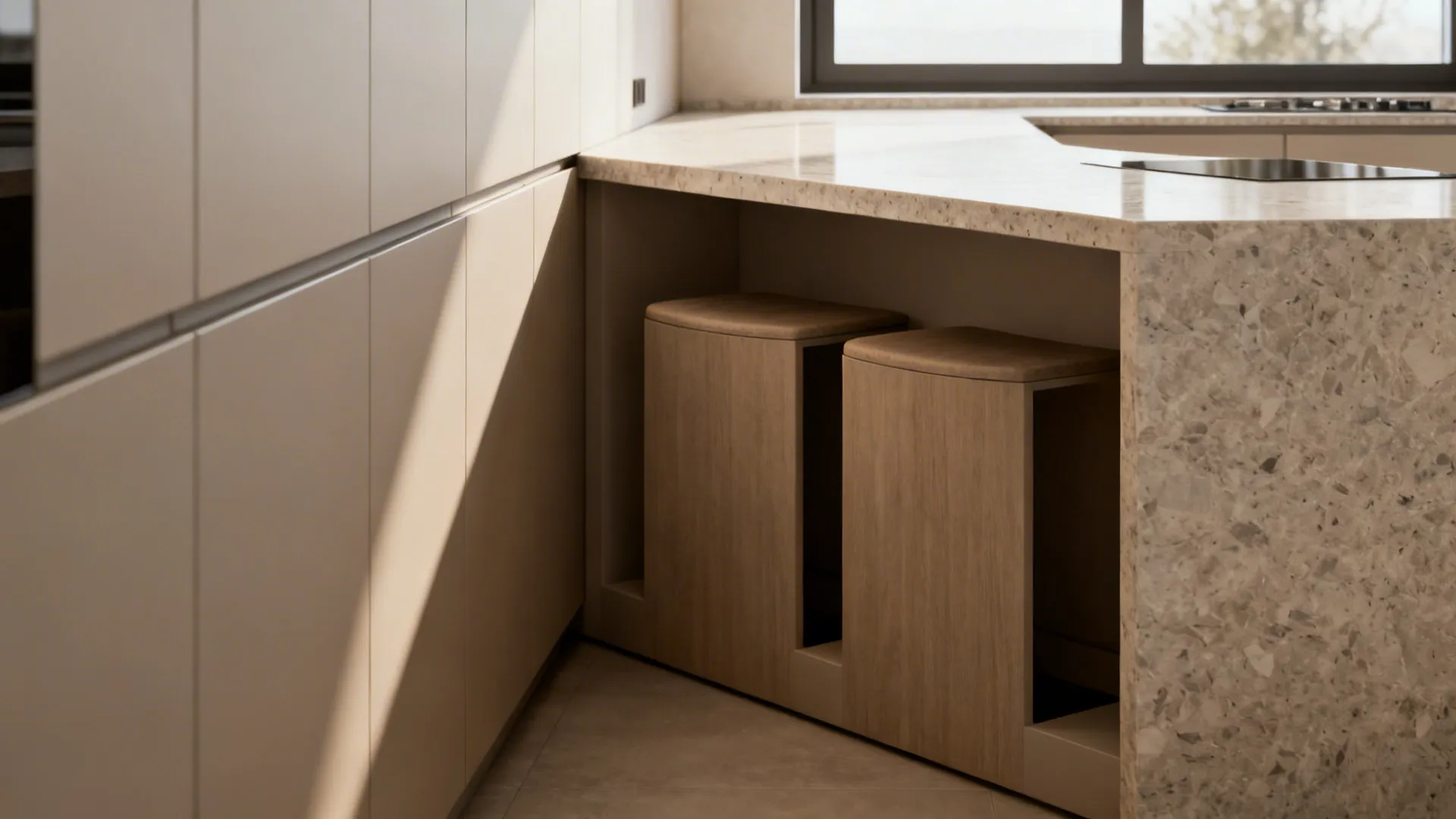 Narrow peninsula in a galley kitchen with two built-in stools and clear circulation space.