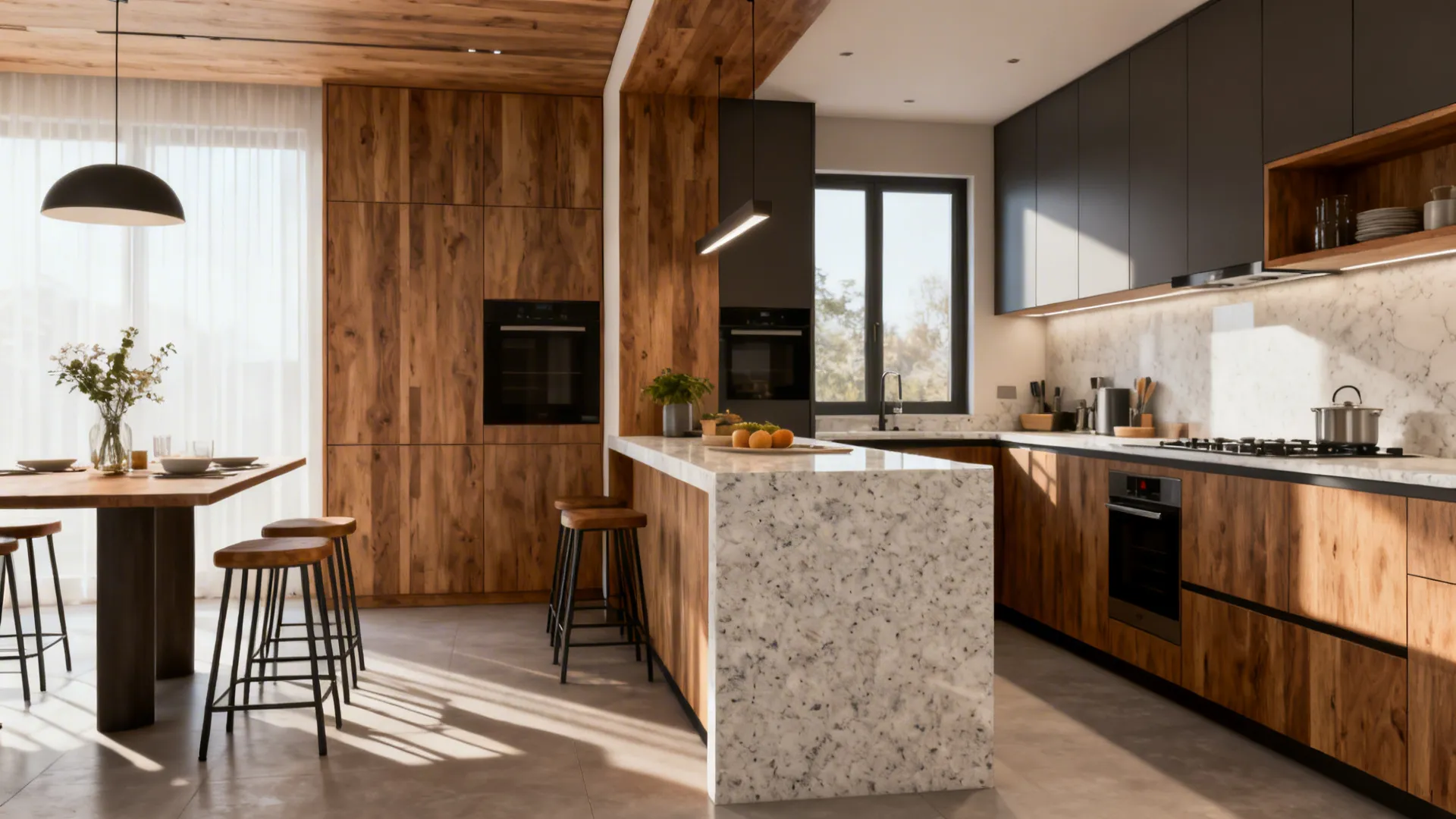 Narrow peninsula extension from cabinetry serving as a breakfast bar with stools and clear walkway.