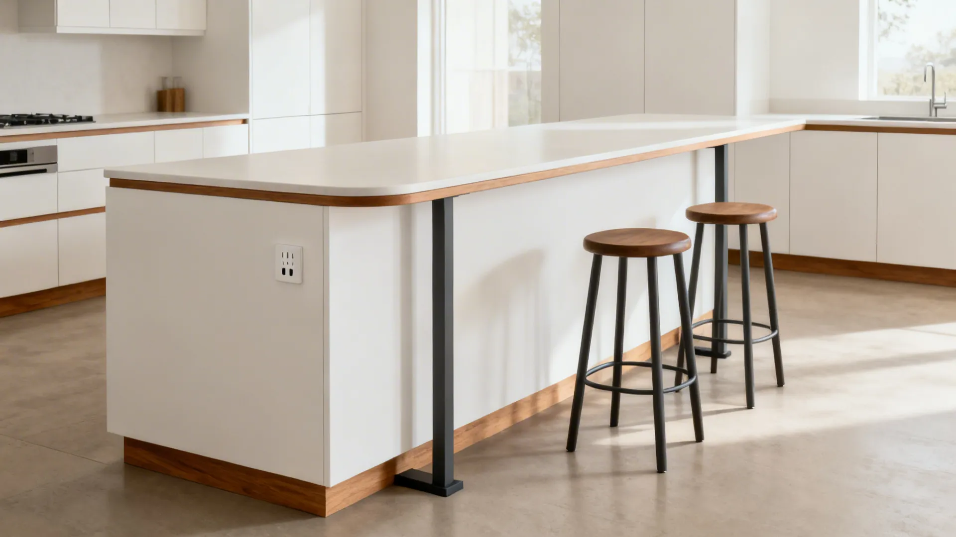 Slim peninsula attached to base cabinets with rounded corners, brackets, and two stools in a galley kitchen.