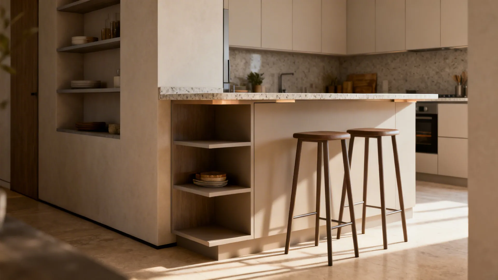 Narrow kitchen peninsula with open floating shelves and two slim stools, showing integrated countertop.