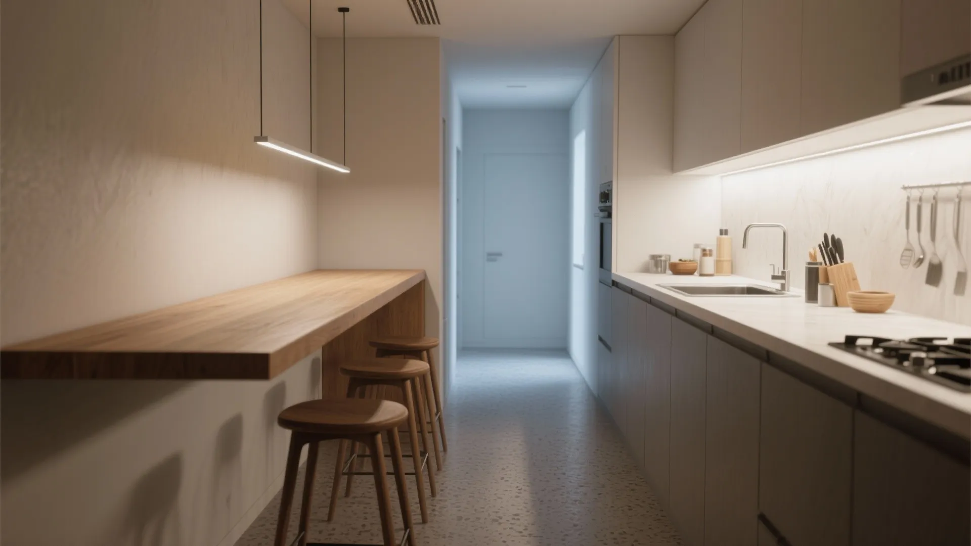 2. Narrow peninsula with bar stools