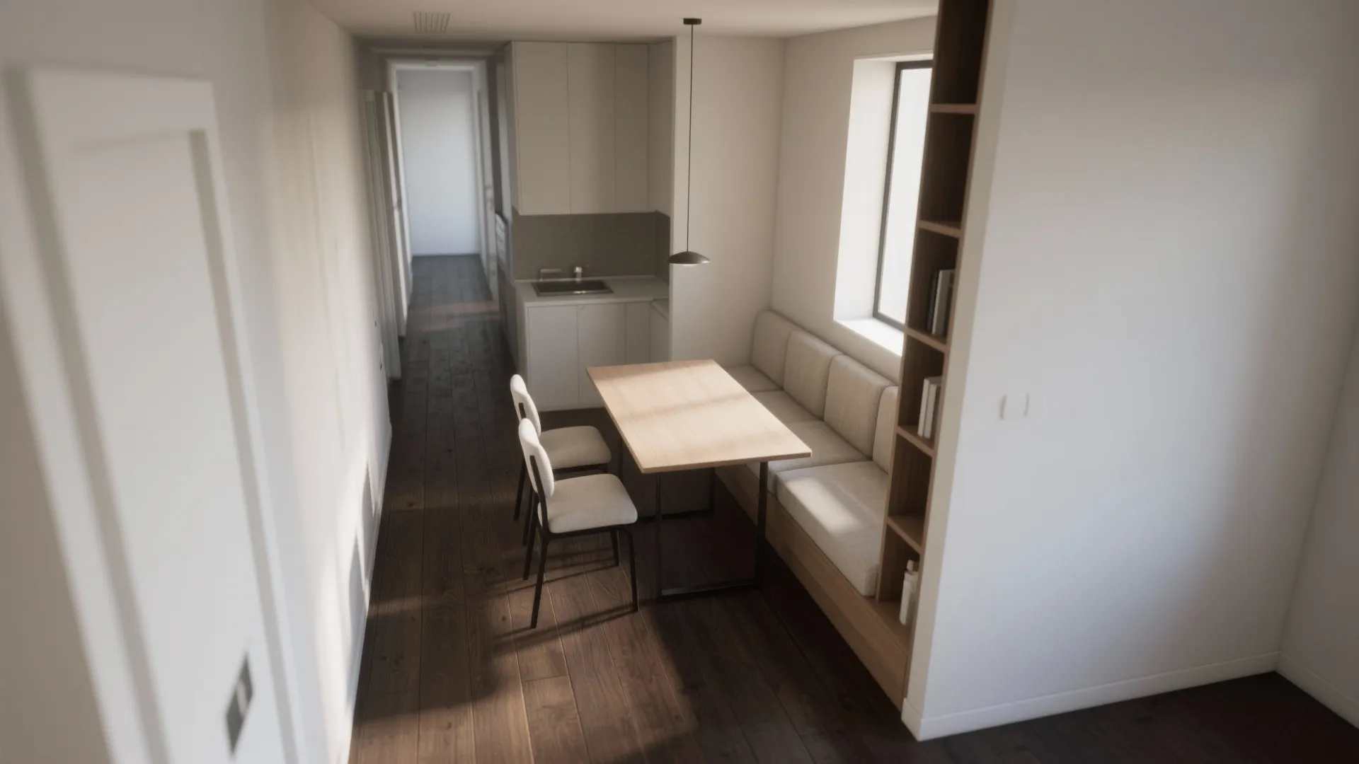 3. Narrow Room Planning: Built-in Benches and Vertical Storage