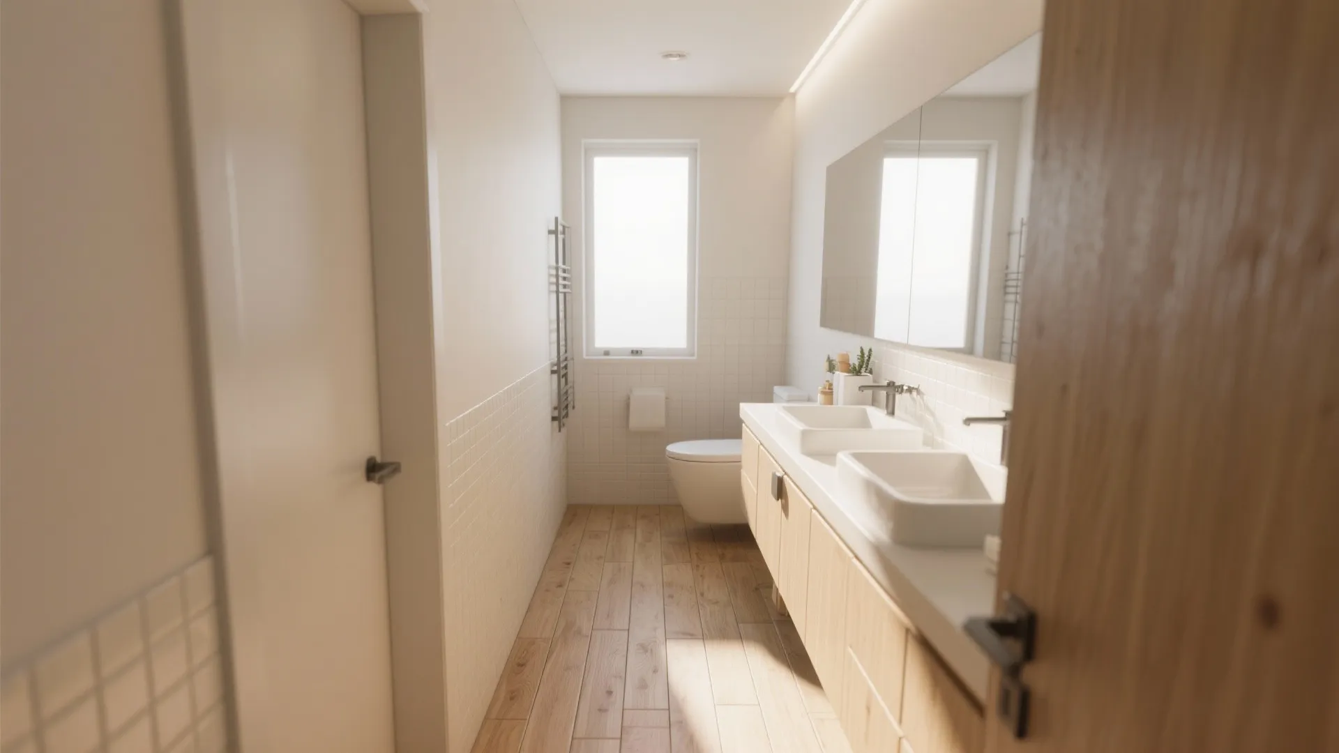 Modern narrow bathroom interior with wooden floor light wood cabinet double sinks and white wall tiles
