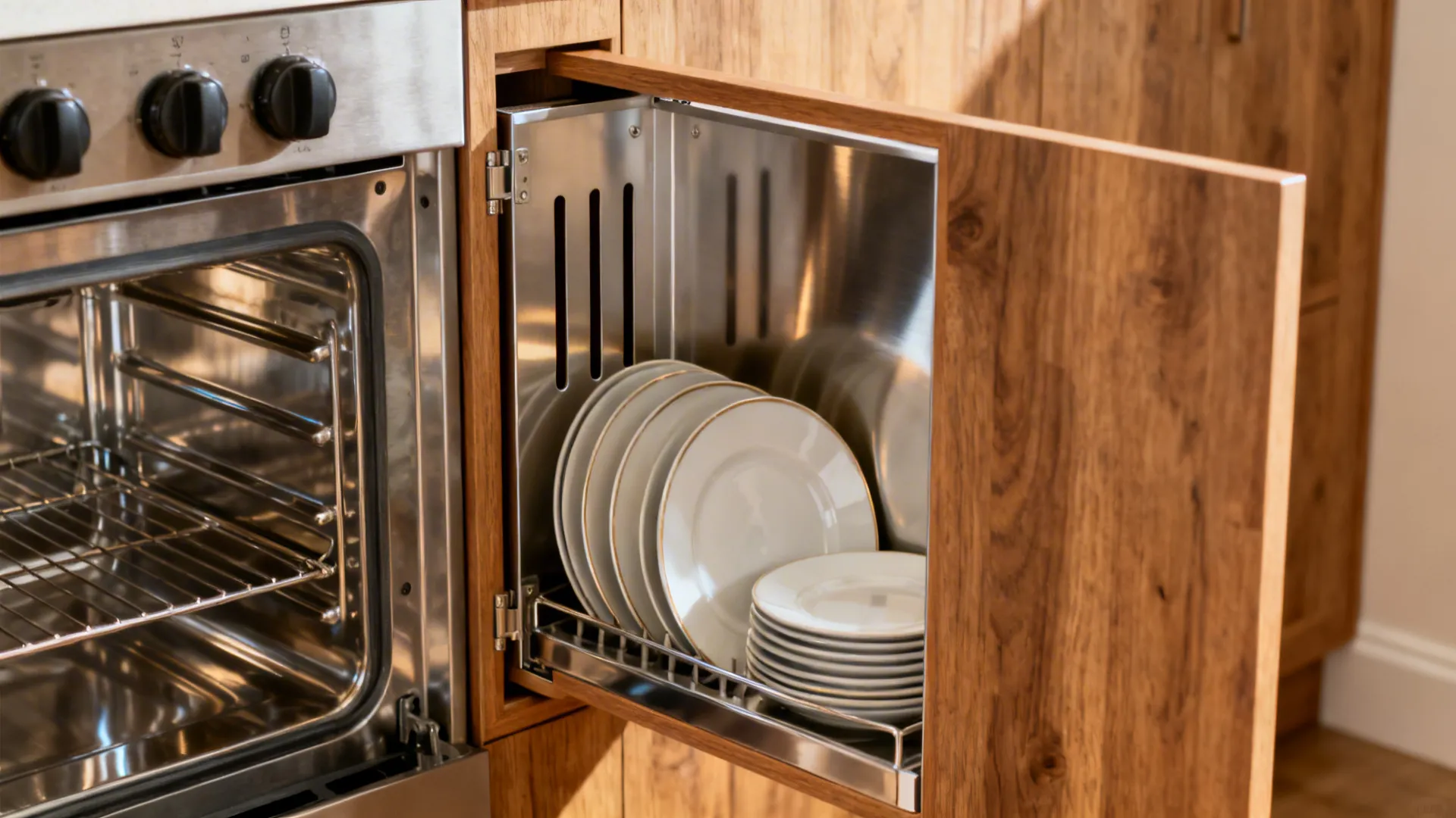 Ultra-narrow plate niche with vertical slots and stainless heat shield beside the range.