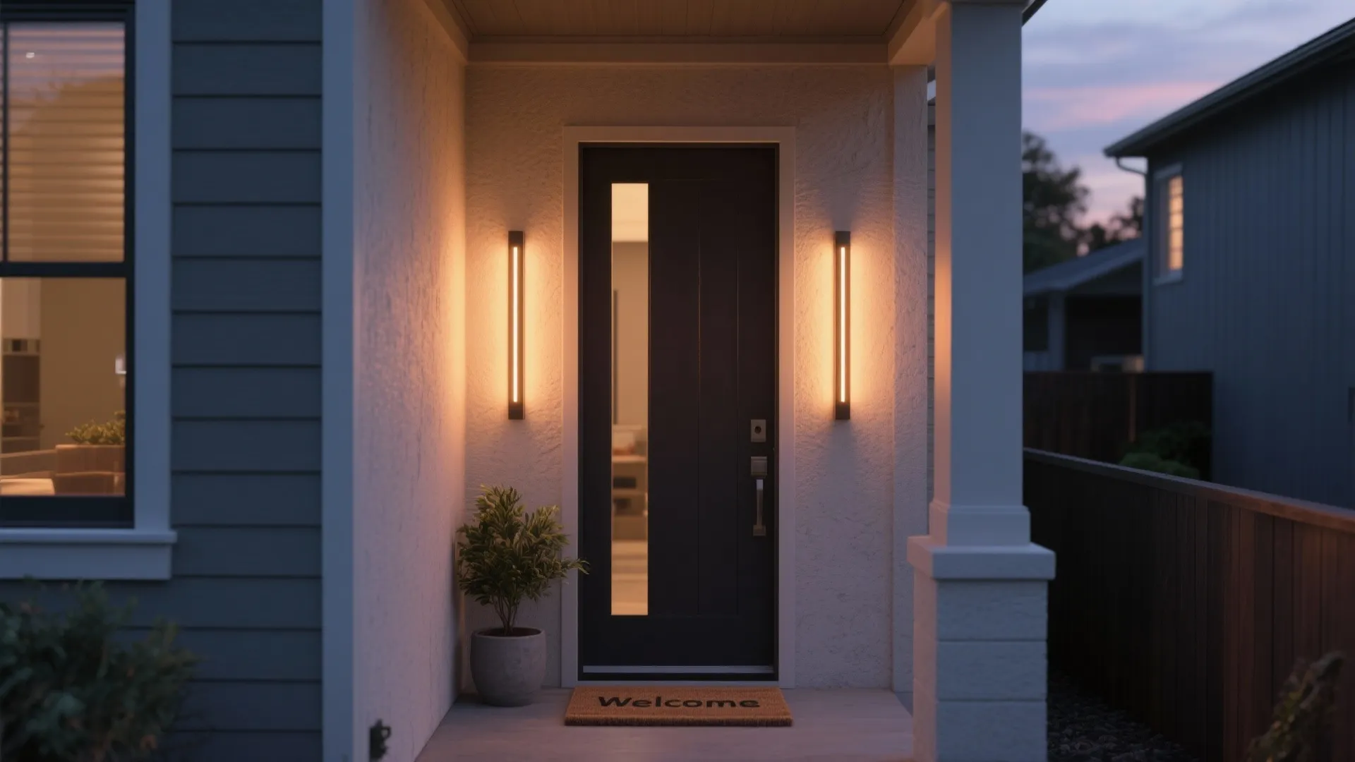 Modern black front door with vertical wall lights on both sides and a welcome mat