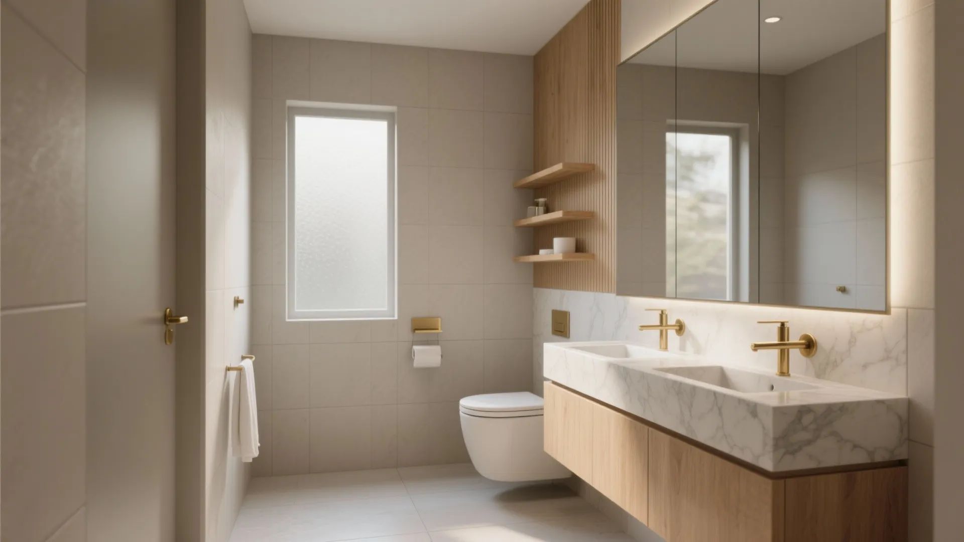 Modern bathroom with double marble sink wooden cabinet large mirror white toilet and small square window