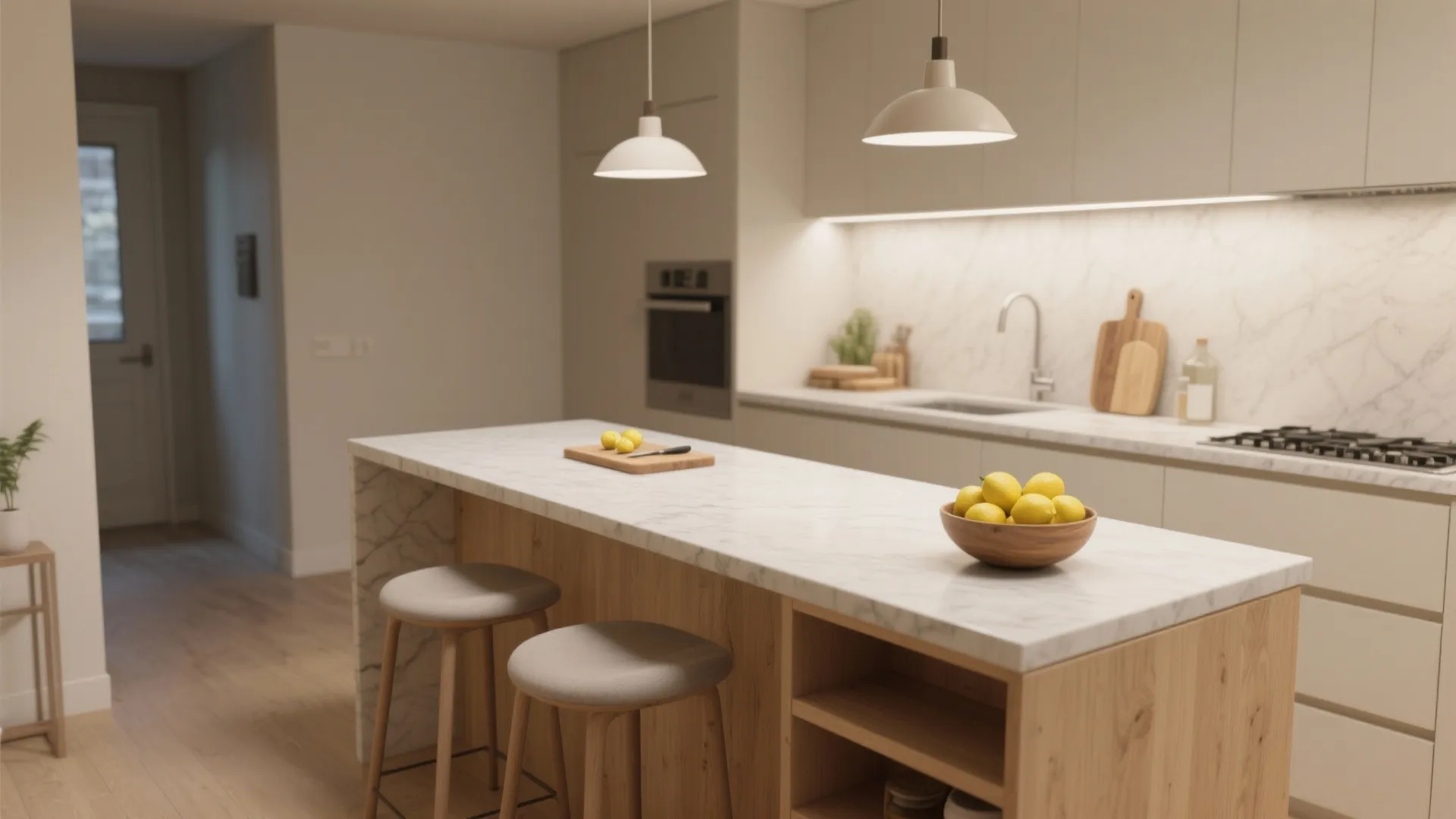 Narrow prep island with slim countertop, overhang seating and open shelving in a small kitchen.