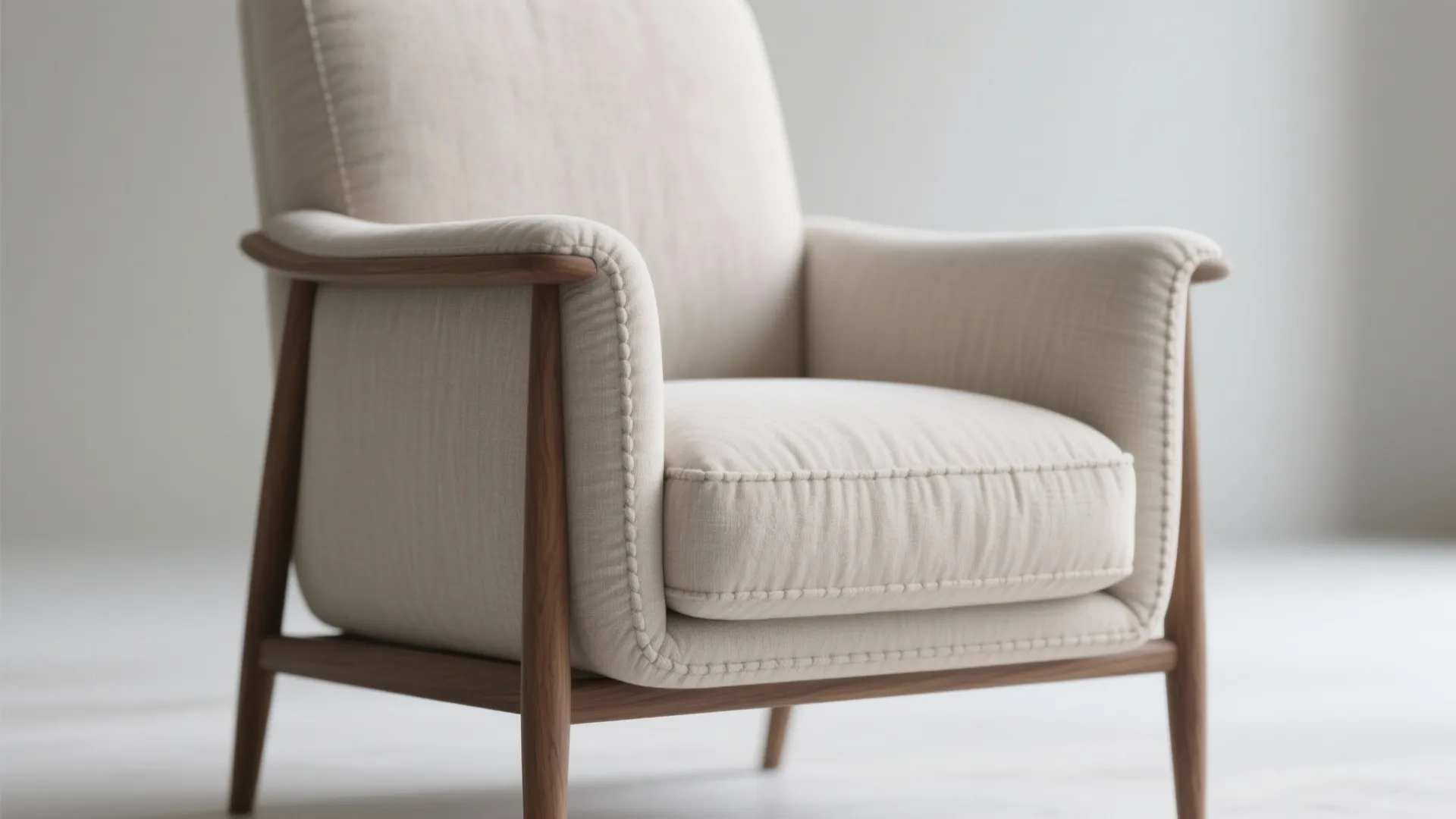 Modern cream armchair with wooden frame and soft fabric cushions in a bright minimalist room